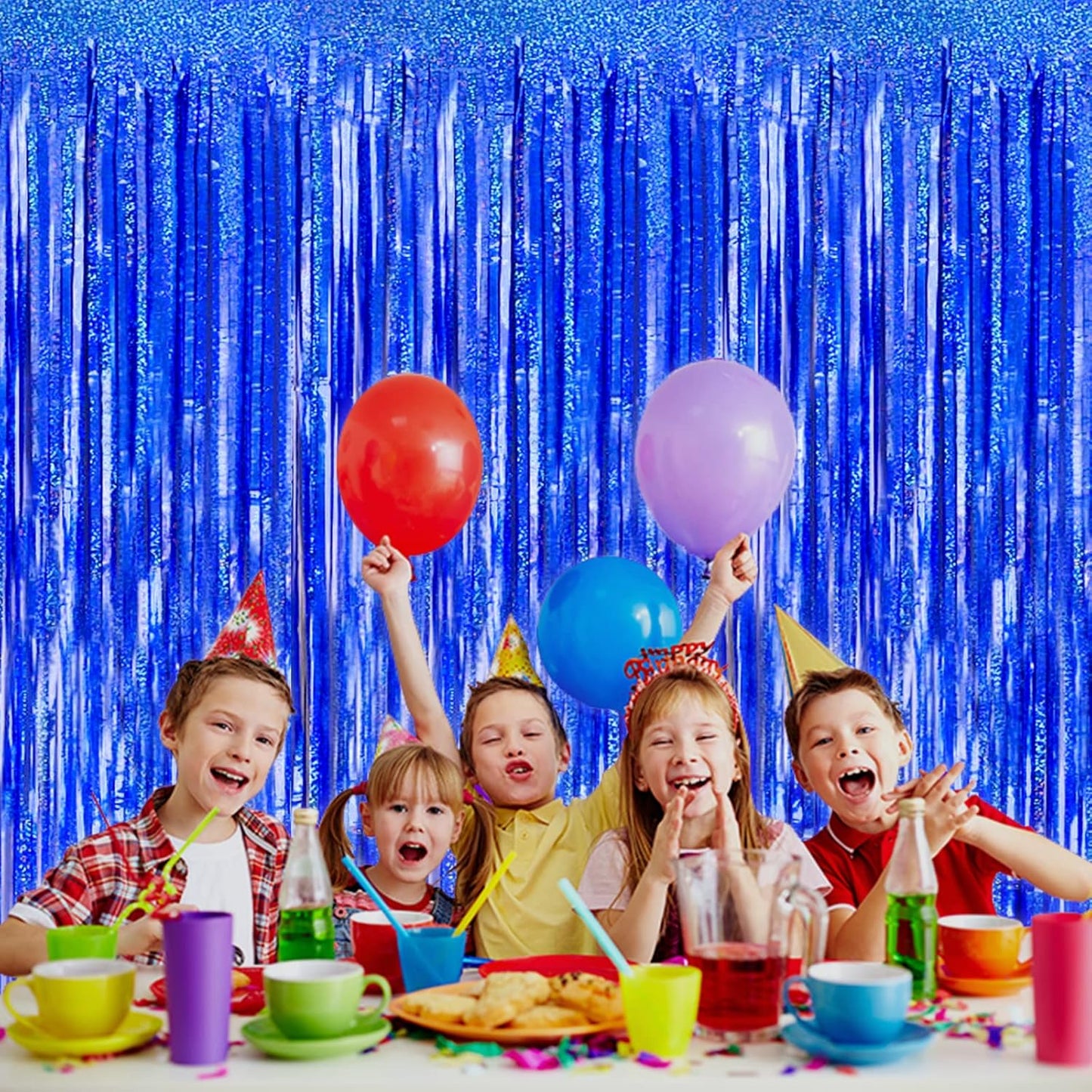 4 Pack Blue Tinsel Foil Fringe Curtain Backdrop, 3.28Ft x 8.2Ft Metallic Streamers for Photo Booth Props Wedding Bridal Shower Bachelorette Birthday Halloween Christmas Party Decoration