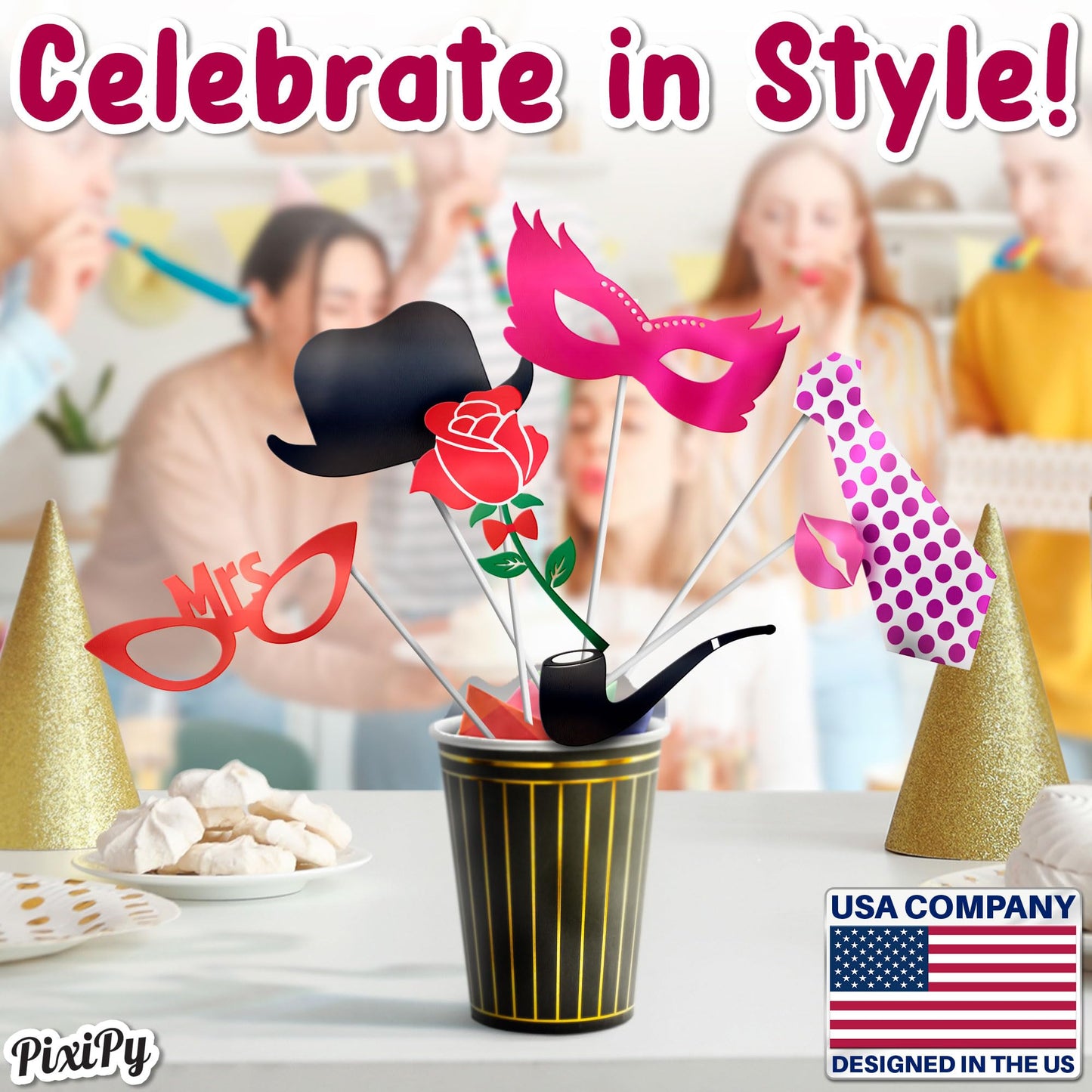Photo Booth Props - 66 Piece Multicolor Kit - Fun Selfie Party Accessories - Mustaches, Hats, Lips