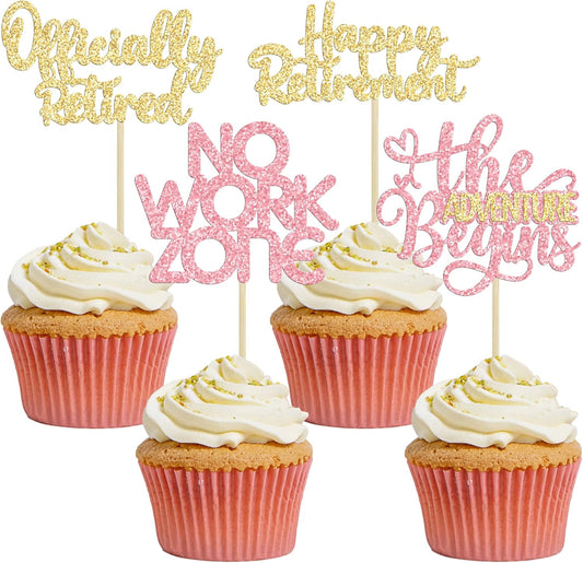 24Pcs Happy Retirement Cupcake Toppers Officially Retired Cake Toppers No Work Zone Adventure Begins Cupcake Picks Retirement Theme Farewell Birthday Party Decorations Supplies PInk Gold