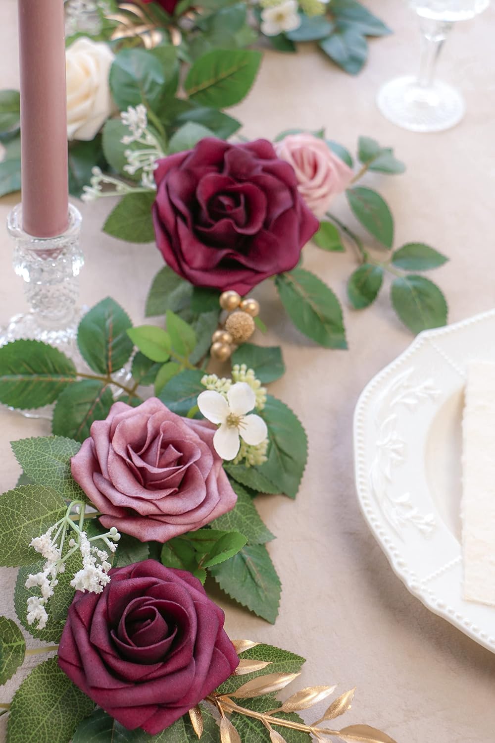 PONATIA 5FT Handcrafted Burgundy Artificial Rose Garland, Dusty Rose Flowers for Wedding Ceremony Garlands Backdrop Arch, Christmas Decorations Table Decor