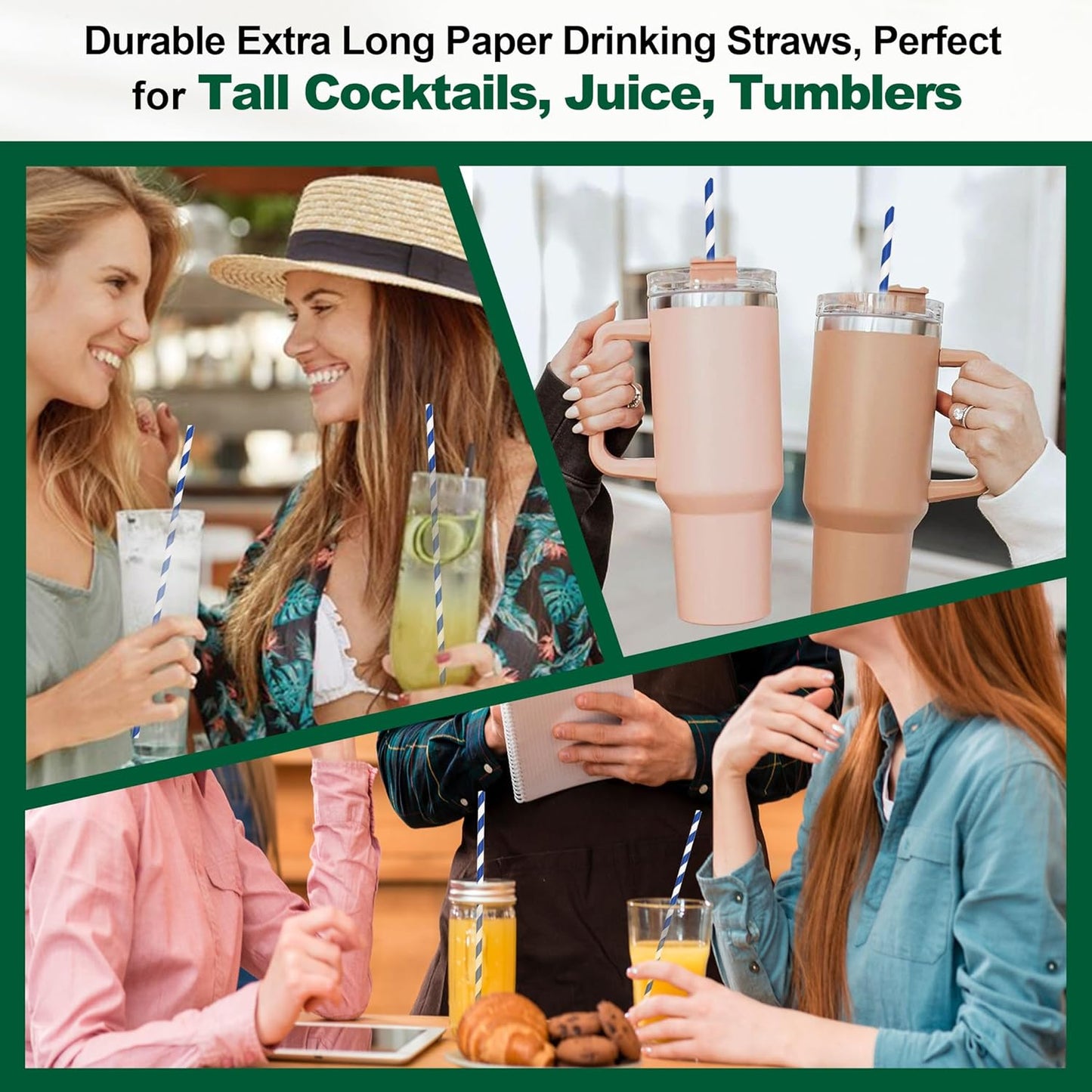 10 Inch Long Disposable Drinking Straws Paper - Navy Blue Striped, 100 Counts - 100% Biodegradable