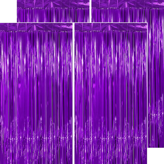 Purple Streamers Party Decorations - Thicken 4 Pack 3.2 x 8.2 FT - Purple Tinsel Foil Fringe Curtains, Photo Booth Props Backdrops for Birthday, Halloween, Graduation Party Decorations