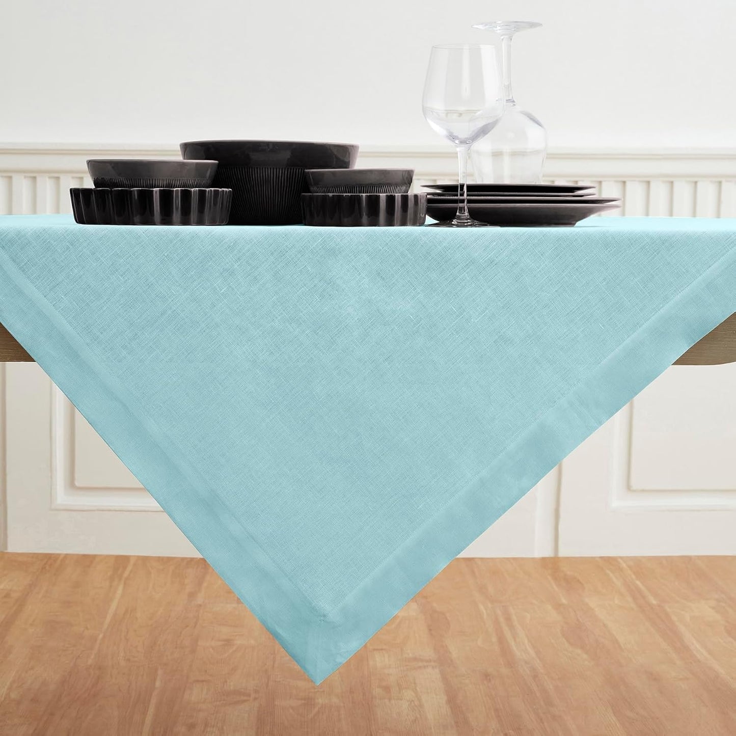 Solino Home Aqua Blue Linen Tablecloth 52 x 52 Inch - 100% Pure Linen Square Table Throw - Fete, Machine Washable Fabric Table Cloth for Fall, Autumn