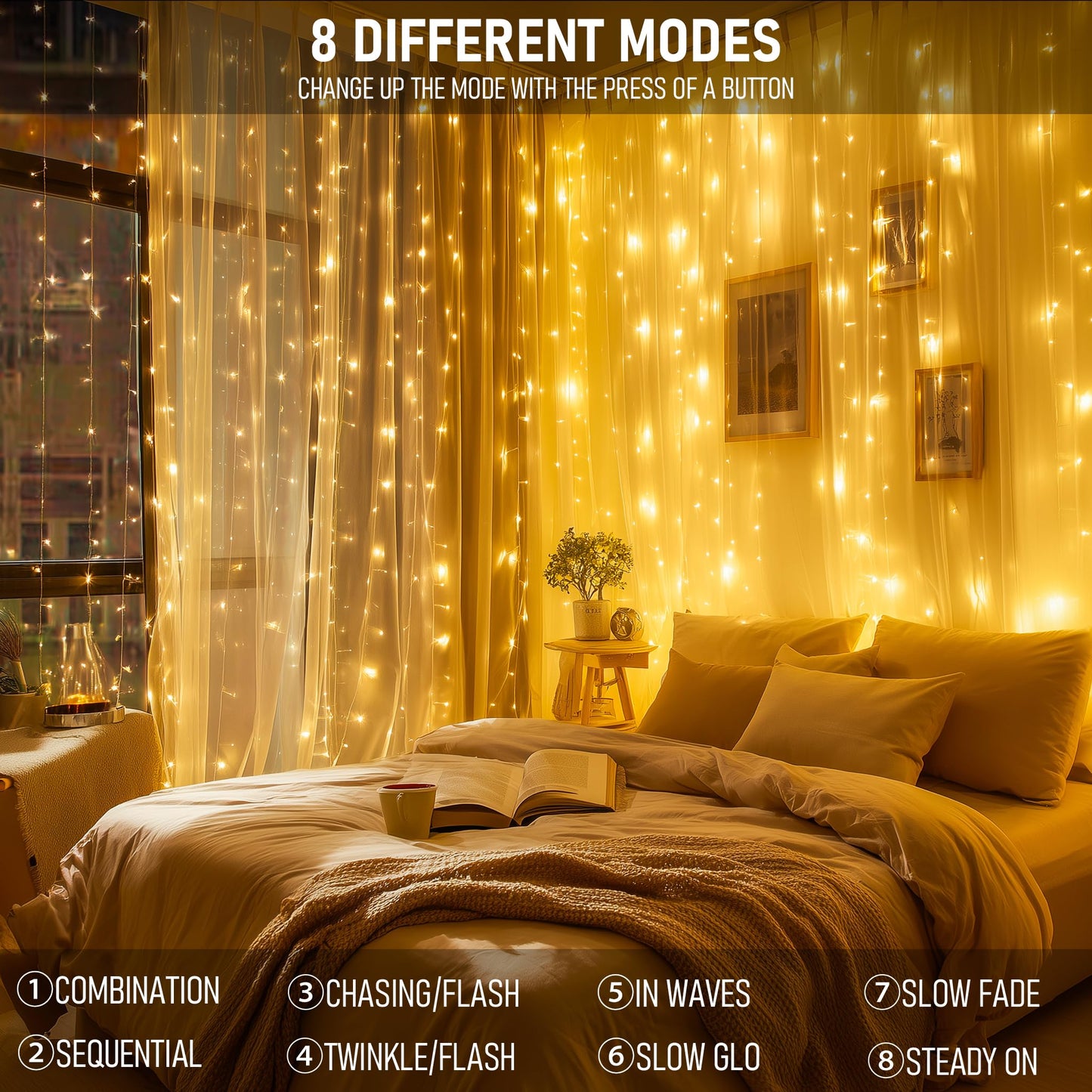 Dazzle Bright 300 LED Curtain Lights, Plug in Fairy Curtain Lights for Bedroom, Christmas Hanging