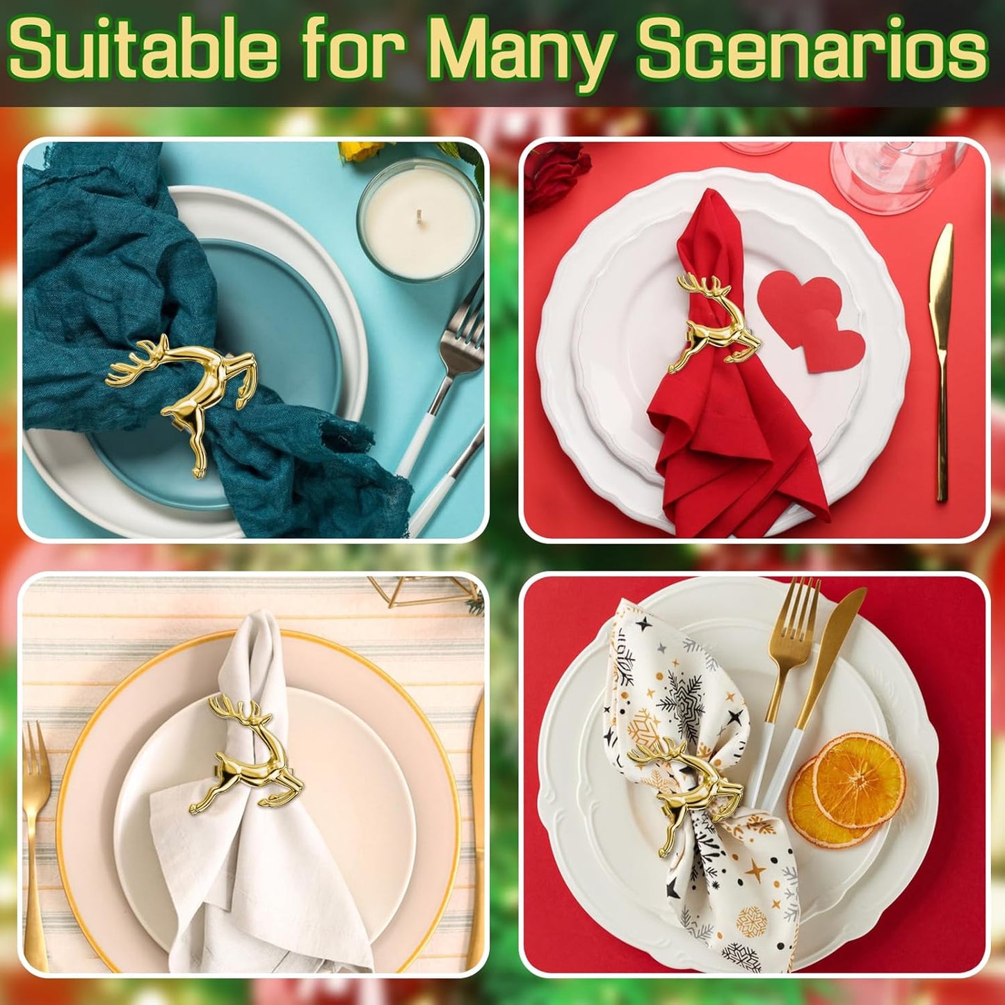 ZeeDix Gold Reindeer Christmas Napkin Rings Set of 6, Napkin Holder Ring for Christmas Dinner Table Decor Cloth Napkins, Wedding Receptions, Holiday Party, Banquet and Home Kitchen