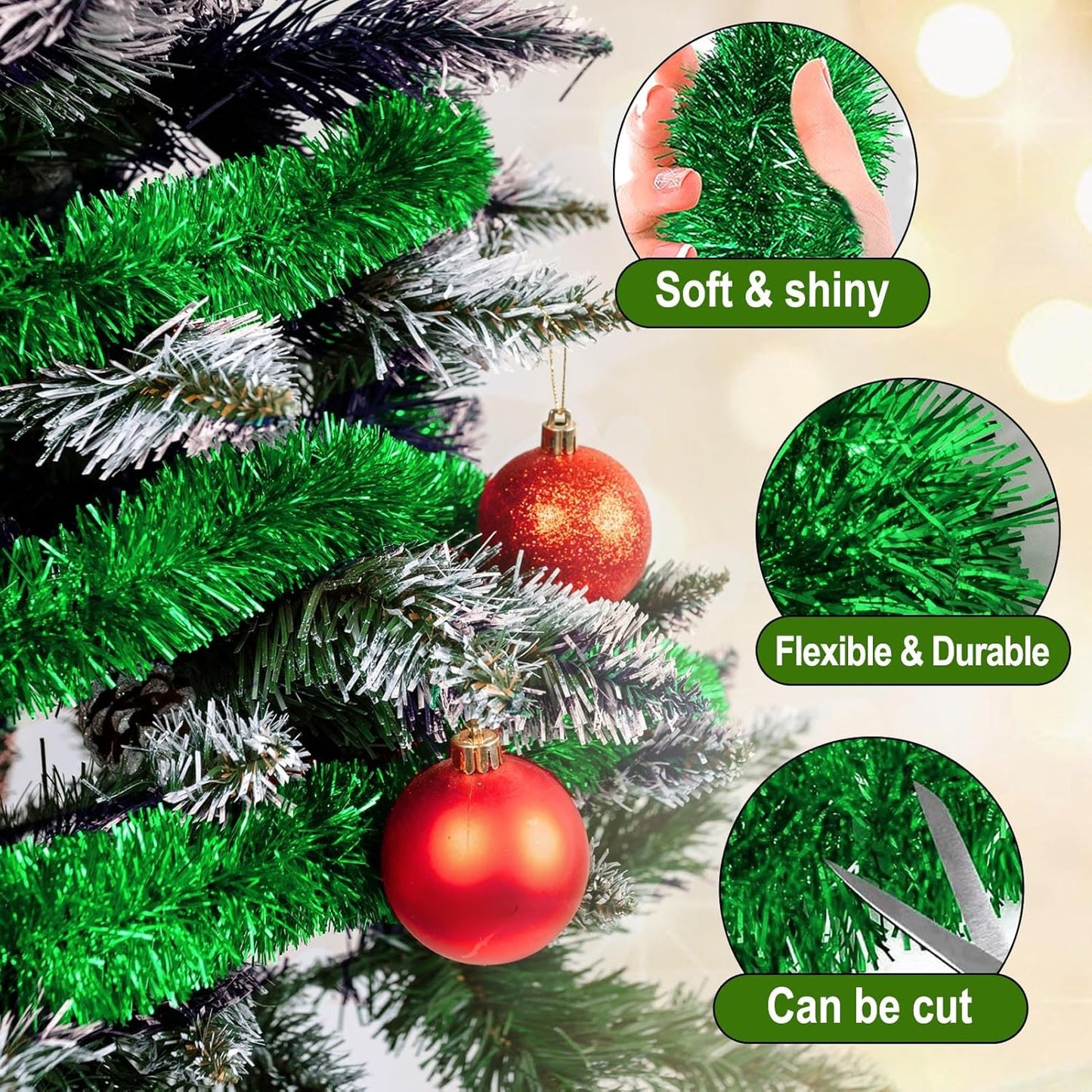 50 Feet Green Christmas Tinsel Garland, Metallic Foil Twist Garland Wall Hanging Tinsel Banner Backdrop for Parade Floats, Easter, Mother's Day, Wedding Party Decorations (2in x 50ft)
