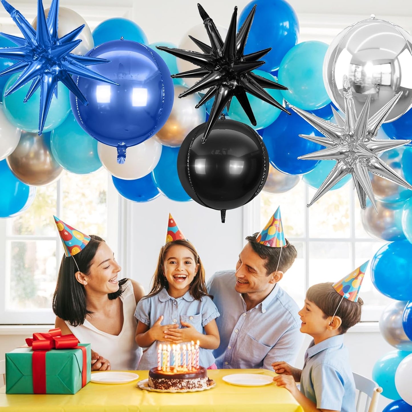 6Pcs Black Blue Silver Foil Balloons,22Inch Black Blue 4D Round Ball Balloon and Explosion Star Balloon for Birthday Wedding Baby Shower Prom Party Anniversary Decorations