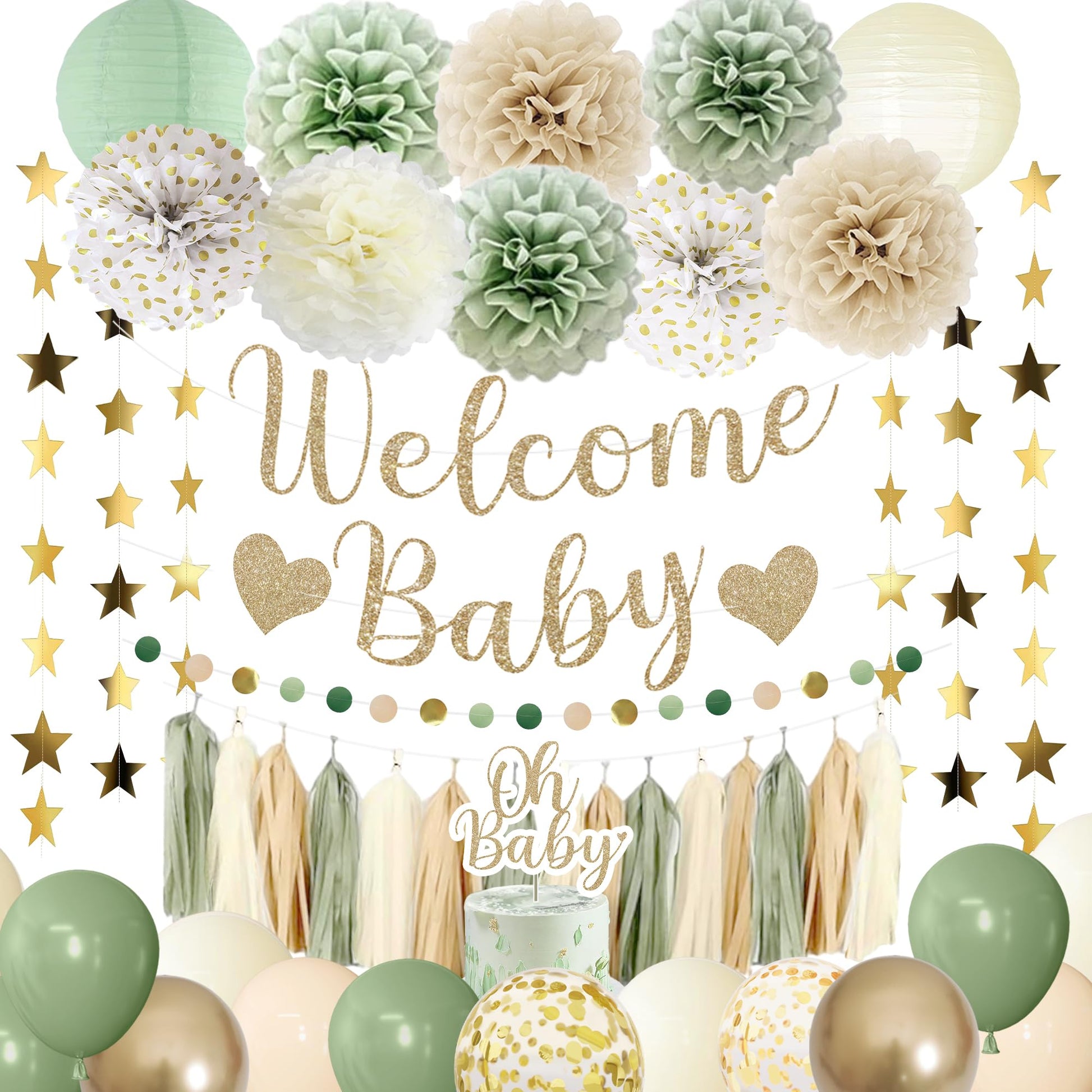 Amandir Sage Green Baby Shower Decorations Welcome Baby Banner