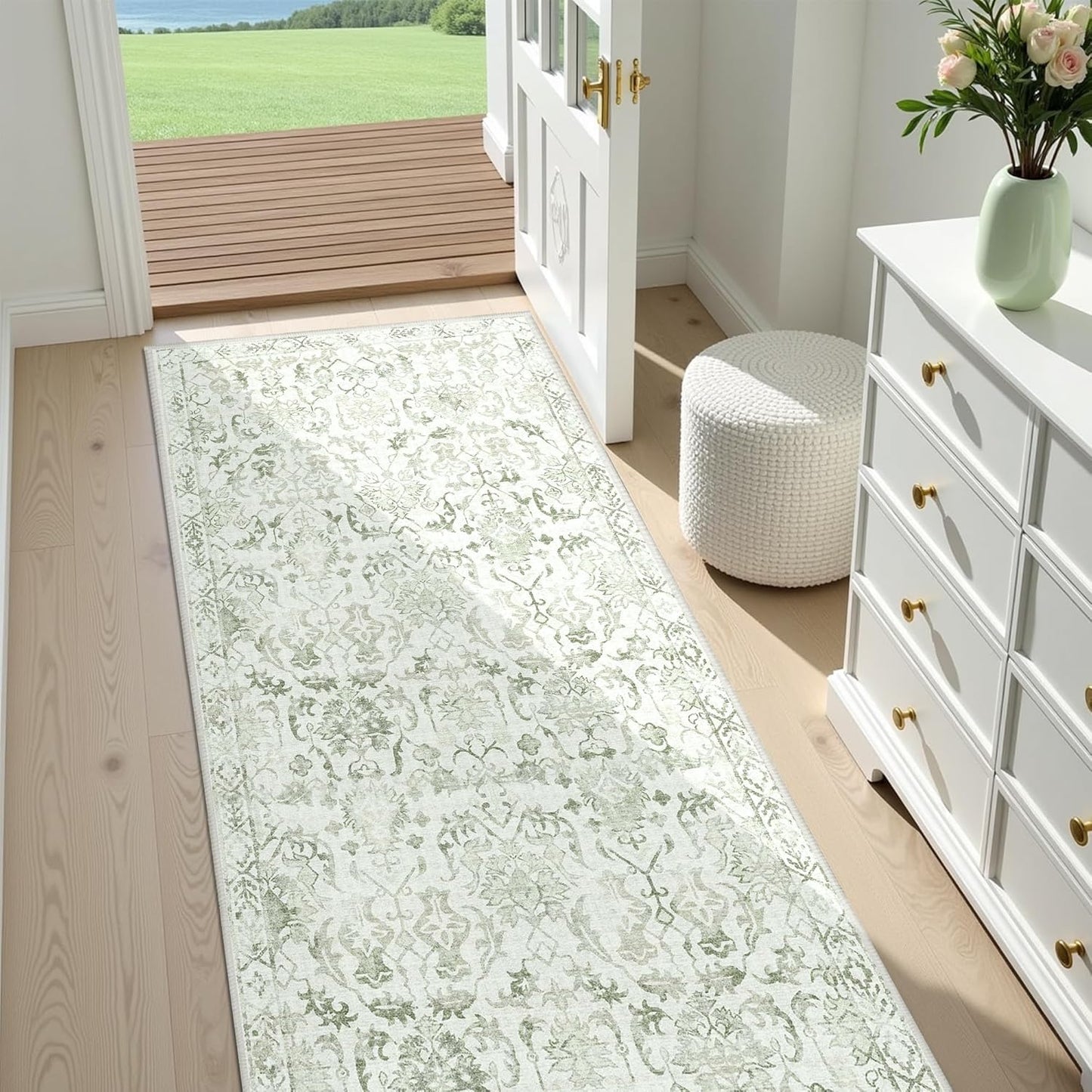 Sage 3x7 Runner Rug for Hallways Bed Side Kitchen, Boho Washable Distressed Low-Pile Floor Entryway Long Bathroom Mat, Non-Slip Laundry Room Washstand Front Carpet Green 36x84 Inch