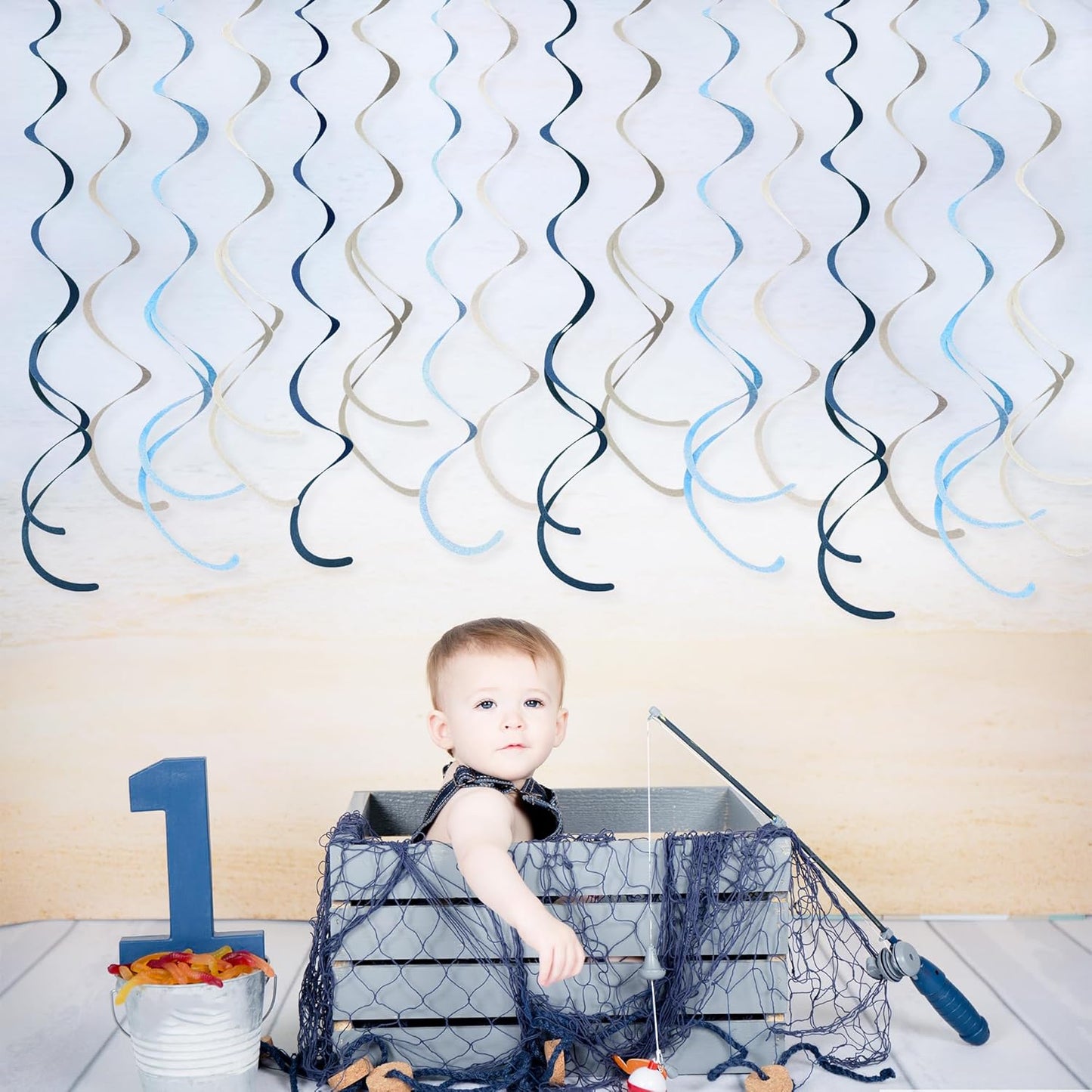 36 Pcs Dusty Blue Gray Hanging Swirl Decorations Navy Blue Grey Felt Swirl Streamer Spiral Ceiling Garland for Baby Shower Wedding Birthday Engagement Ahoy Achor Nautical Graduation Party Supplies