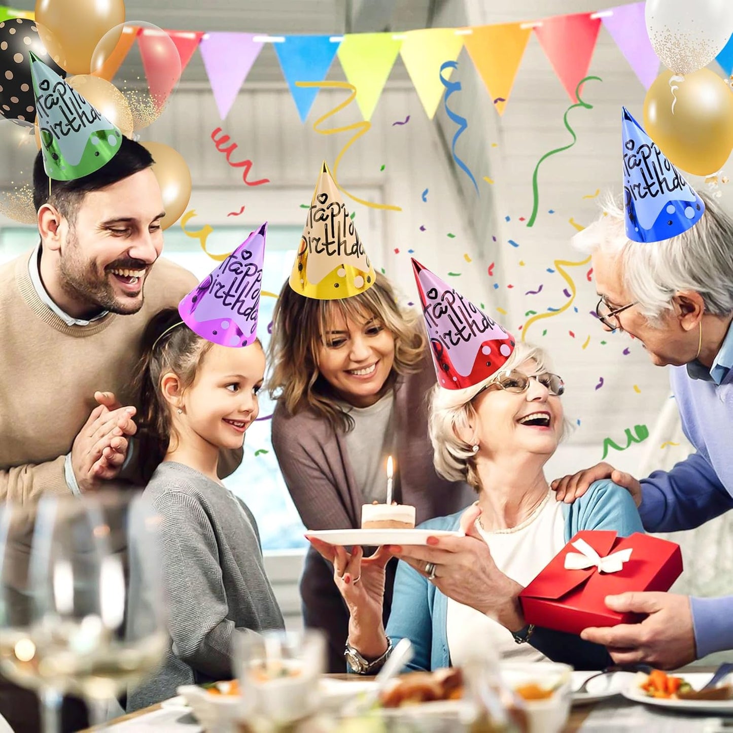 CANREVEL Party Hats for Kids and Adults, Birthday Party Headwear Supplies, Cone Hats Bulk for Girls Boy Women Men