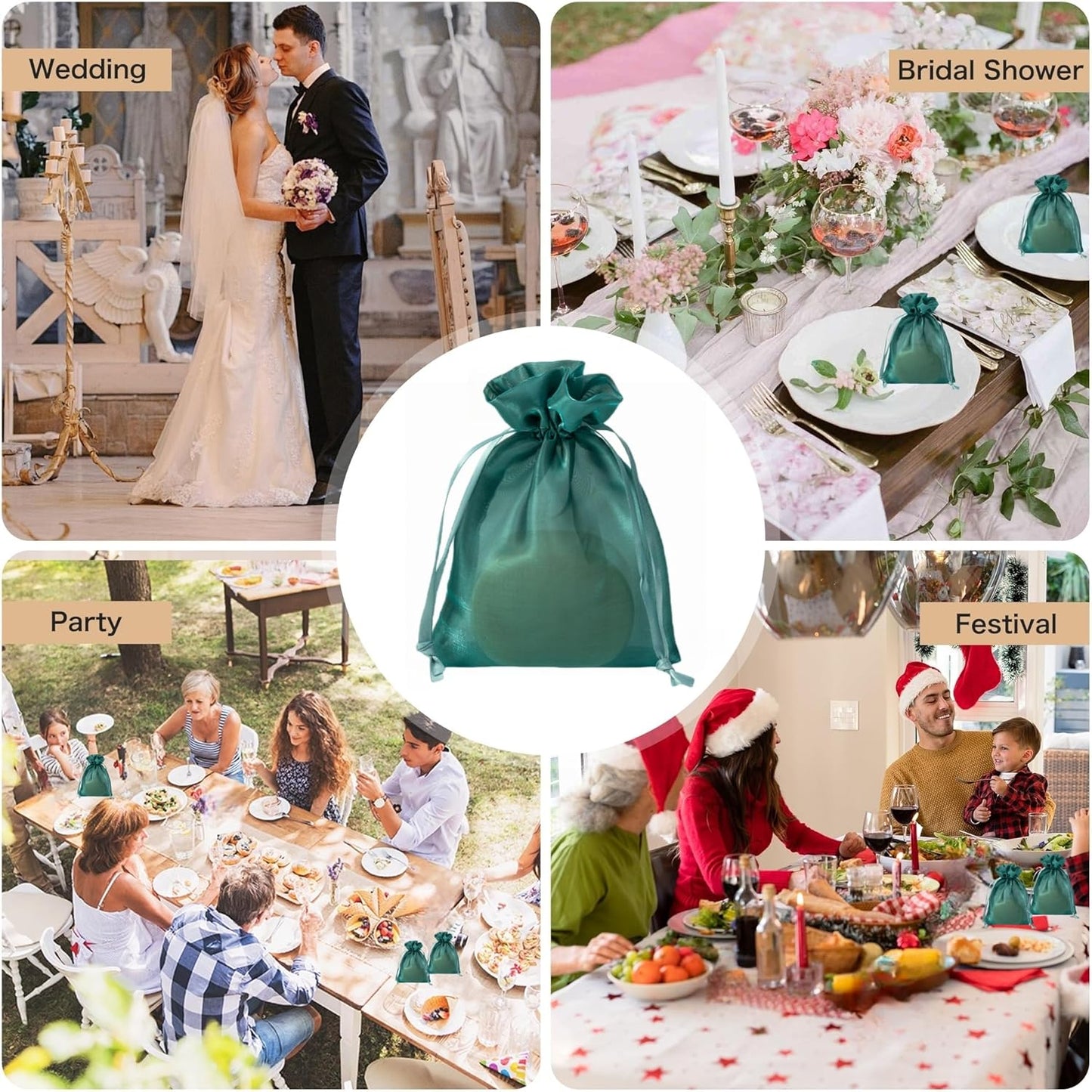 QIANF 20 Pcs Dark Green Small Organza Bags 6X9 inch for Wedding Favors with Drawstring, Mini Mesh Gift Bags Jewelry Pouch for Candy Bridal Shower Party Favor Baby Shower Christmas