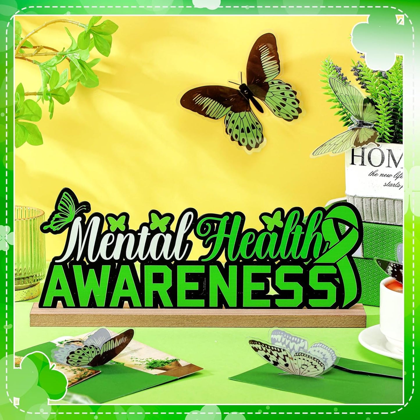 Mental Health Awareness Metal Sign Rustic Table Decor Holiday Tiered Tray Decor with Wooden Base Freestanding Metal Word Sign for Home Tabletop Centerpiece Mantel Shelf Fireplace