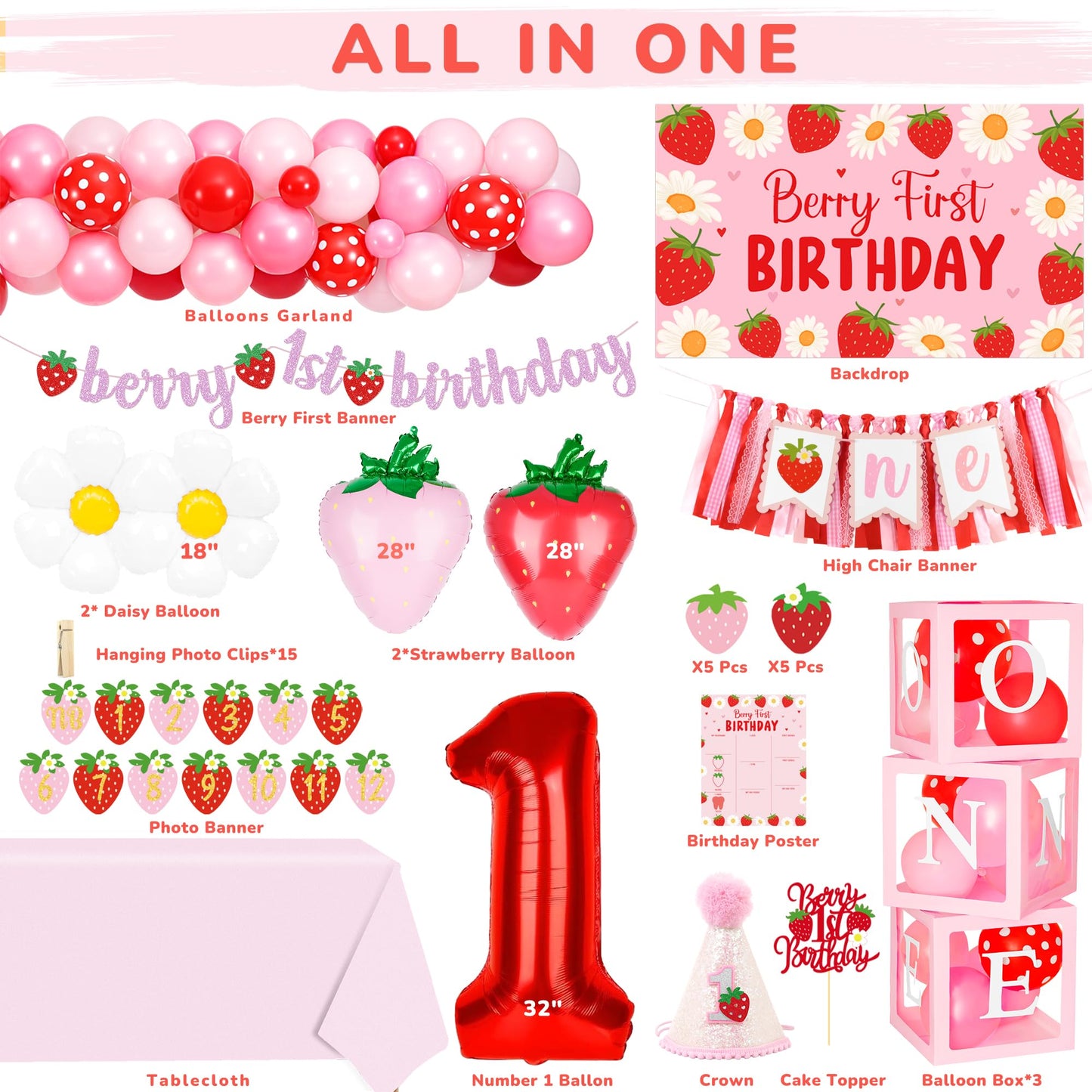 Kriyokiaa Berry First Birthday Decorations, Strawberry Party Kit