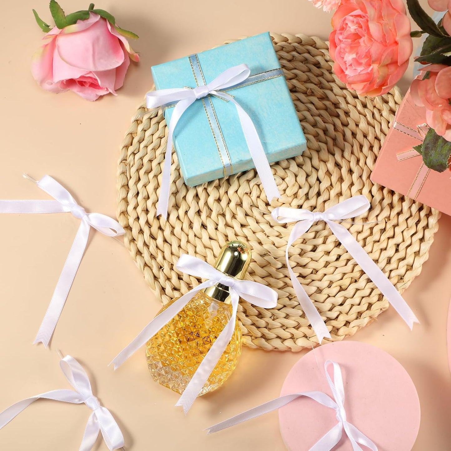 Riceshoot 50 Pcs Twist Tie Bows for Cake 3x4.5 Inch Satin Ribbon Bows for Gift Wrapping Treat Bags Craft DIY Wedding Baby Shower Birthday Party(White)