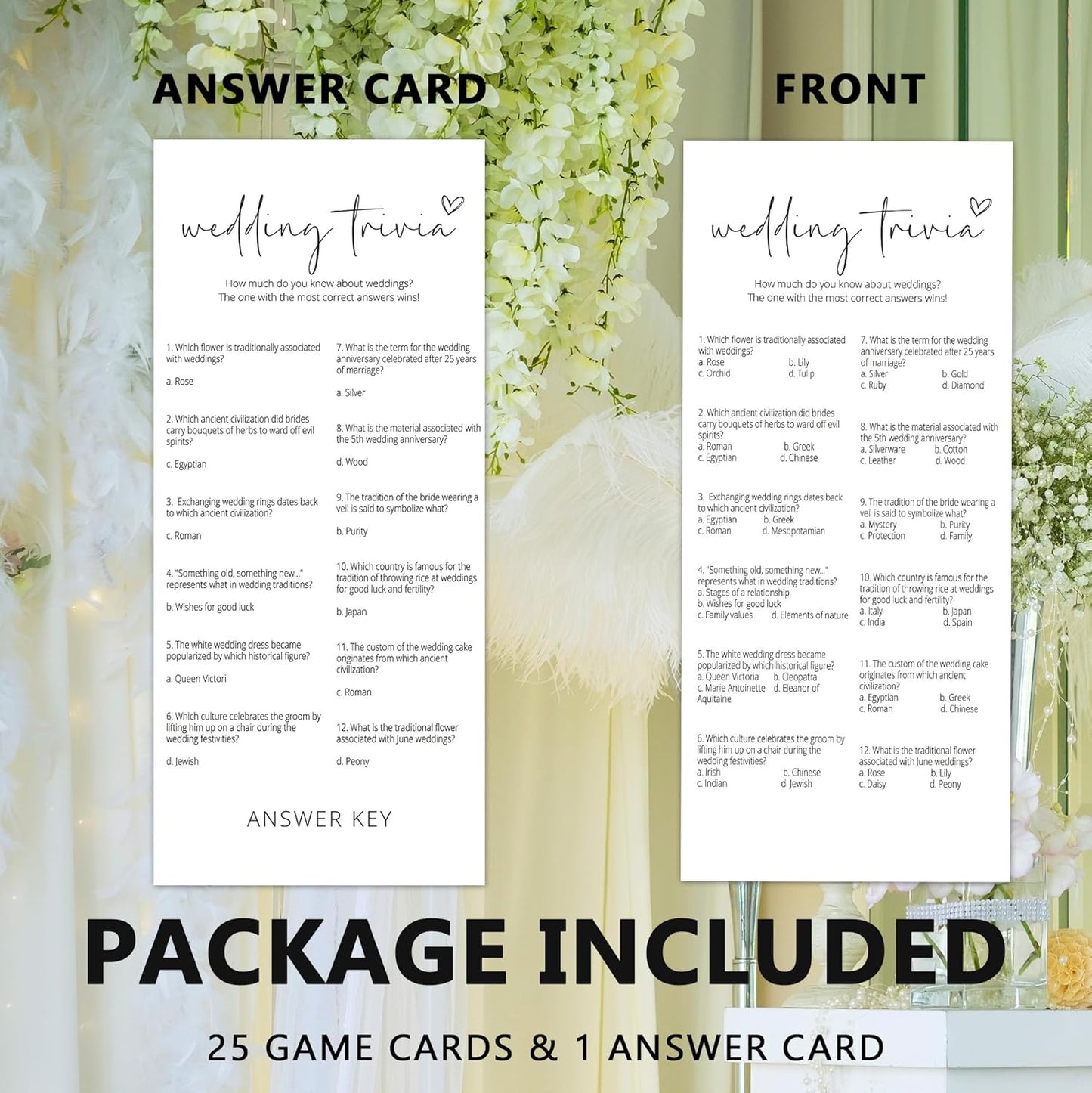 Bridal Shower Games, Wedding Trivia, 25Pcs 4x9inch Minimalist White Double-Sided Bridal Game Cards with 1 Answer Key, Wedding Shower Games for Guests, Engagement Bachelorette Party Supplies - A08