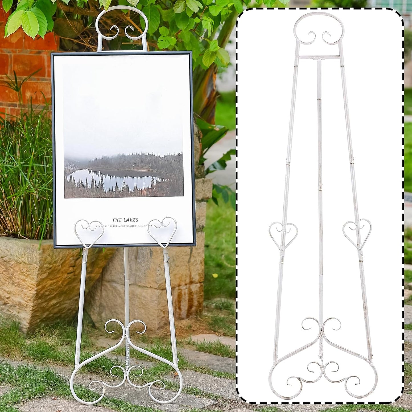 Extra Large Free Standing Adjustable Display Stand Easel with Chain Support, Retro White Decorative Metal Foldable Floor Standing Easel for Display Mirror Wedding Welcome Signs, 16.3" x 19.3" x 56"
