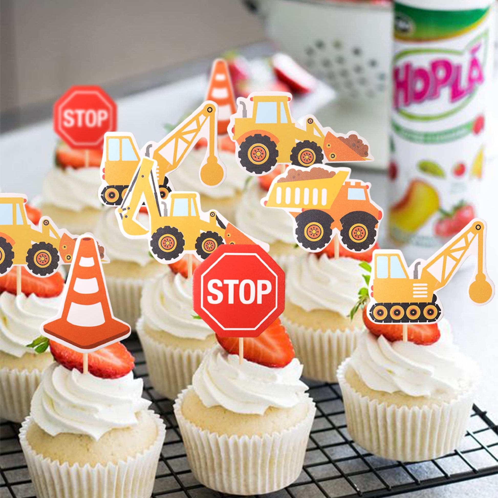 36 PCS Construction Cupcake Toppers Stop Sign Dump Truck Excavator Tractor Party Cake Food Picks