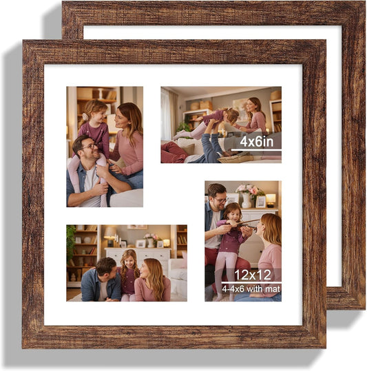 12x12 Picture Frame Set of 2, Rustic Brown Wood Frame with Glass Collage Frame, Display Pictures 4-4x6 With Mat or 12 x 12 Without Mat,Square Photo Frames Collage for Wall Hanging or Tabletop