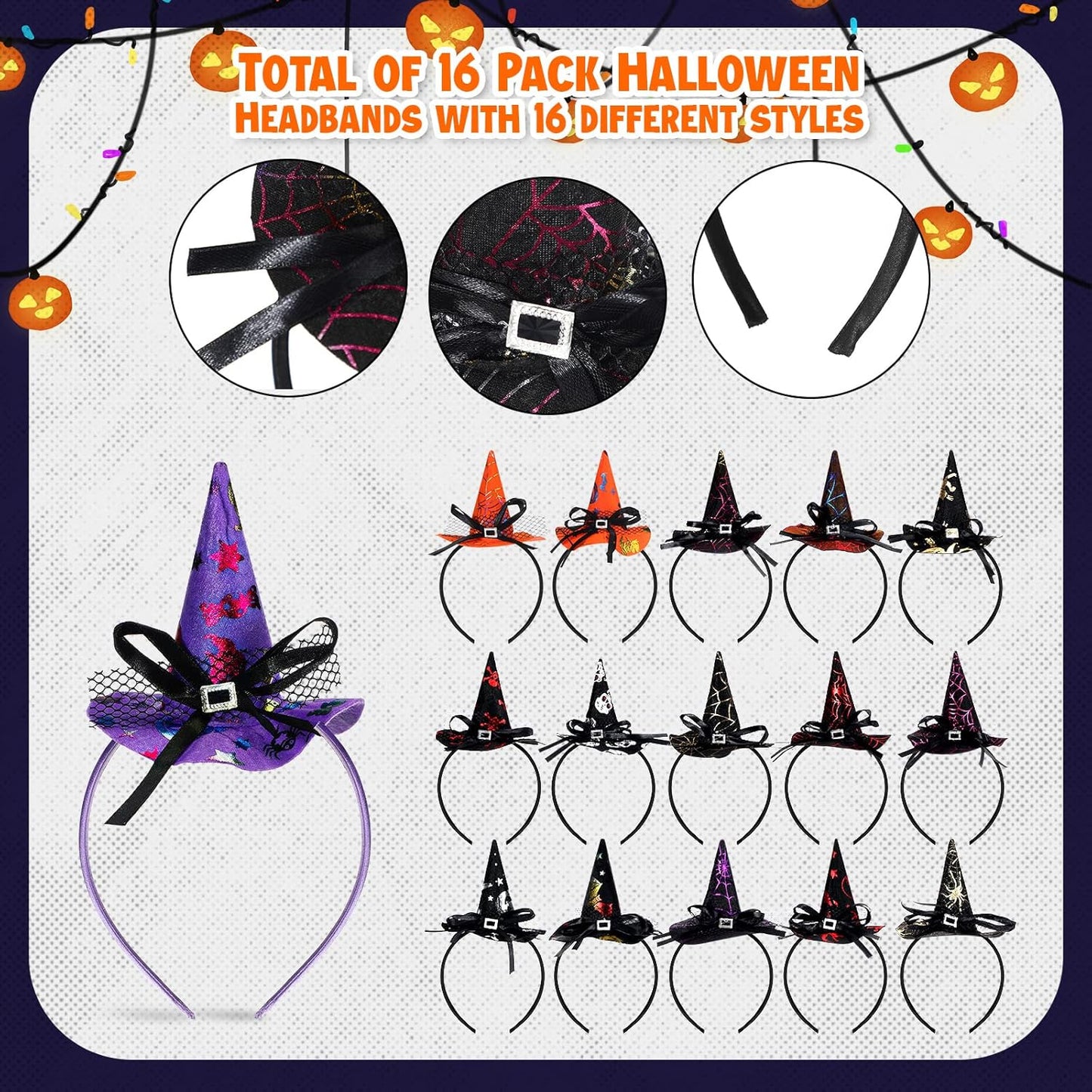 Hanaive 16 Pieces Halloween Headband Witch Hat Headband for Women Halloween Cosplay Witch Costume Hair Accessories