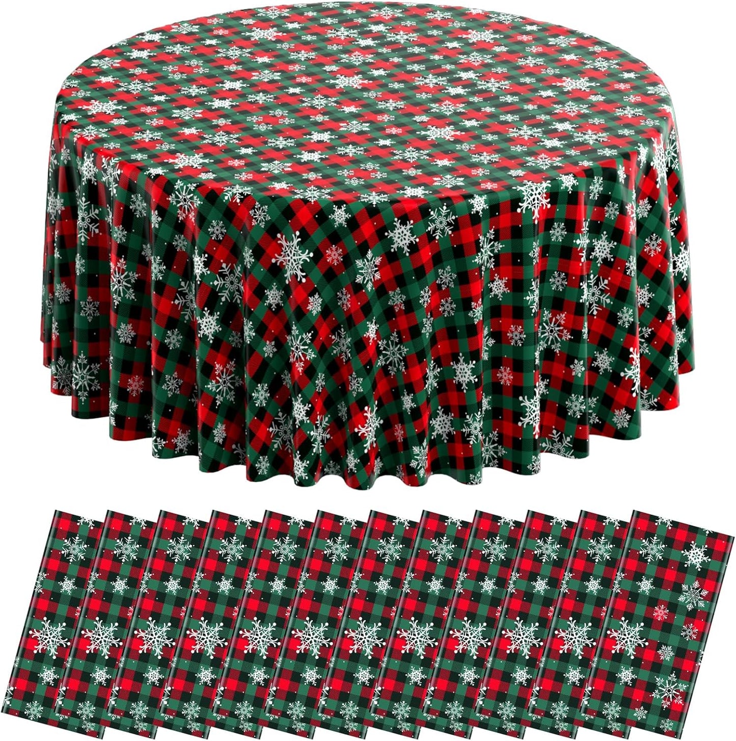 12Pcs Christmas Buffalo Plaid Snowflake Party Tablecloths Decorations,Plastic Red and Green Checkered Round Table Cover for Winter Christmas New Year Birthday Holiday Party Decorations,84 inch