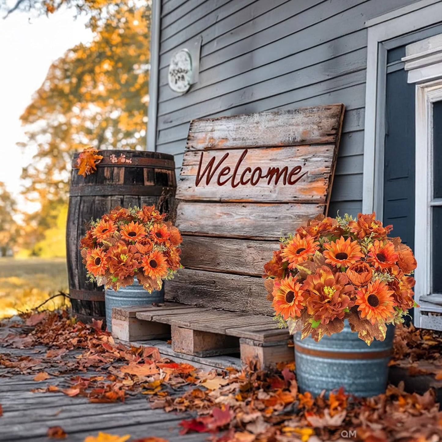 6 Pcs Fall Flowers Artificial for Decoration Silk Burnt Orange Flowers Fall Artificial Sunflowers Bouquet with Fall Leaves Stems 13 Inch Mixed Bush for Outdoor Decoration Cemetery Grave Autumn