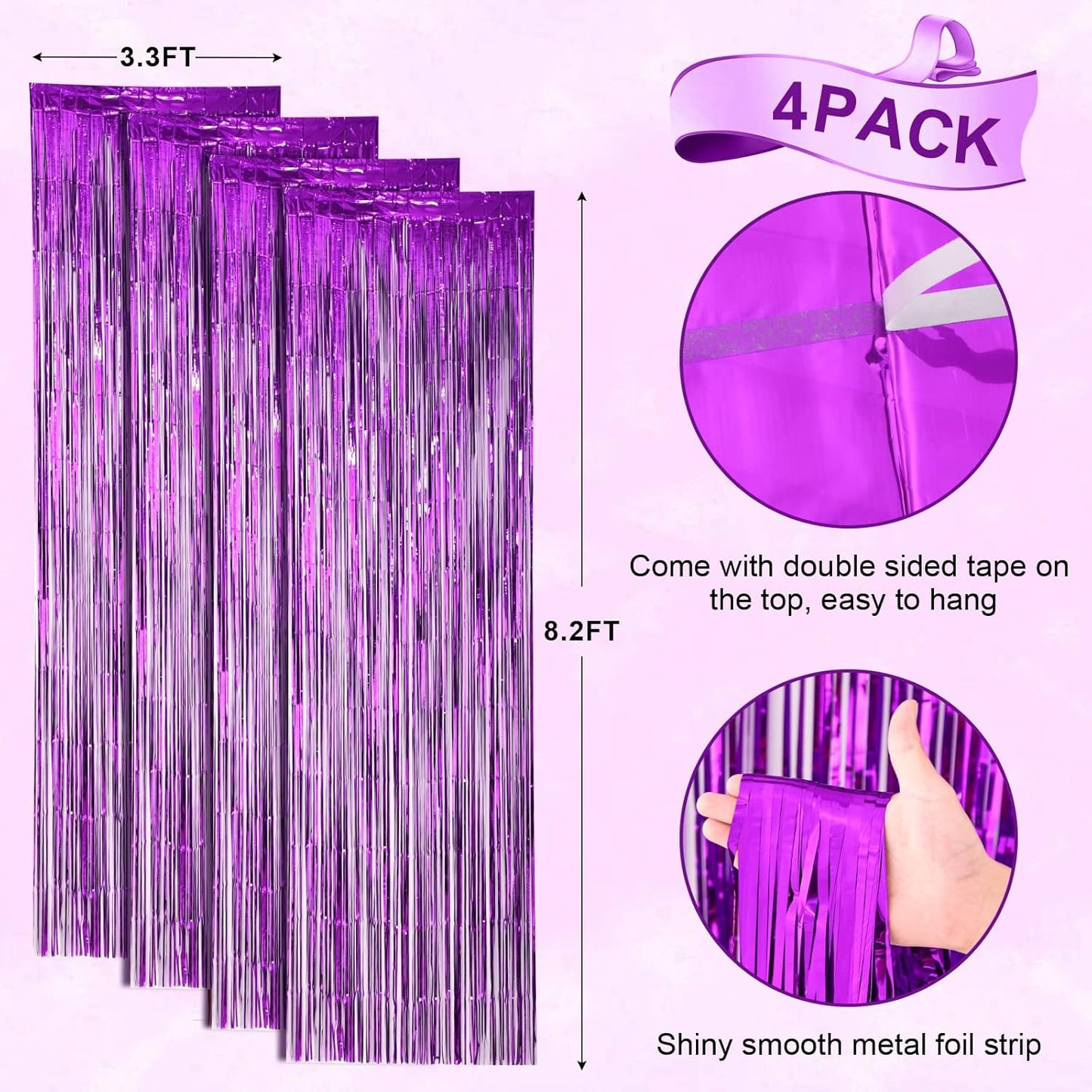 4 Pack Purple Foil Fringe Backdrop Curtains, Tinsel Streamers Birthday Party Decorations, Fringe Backdrop for Graduation, Baby Shower, Gender Reveal, Disco Party