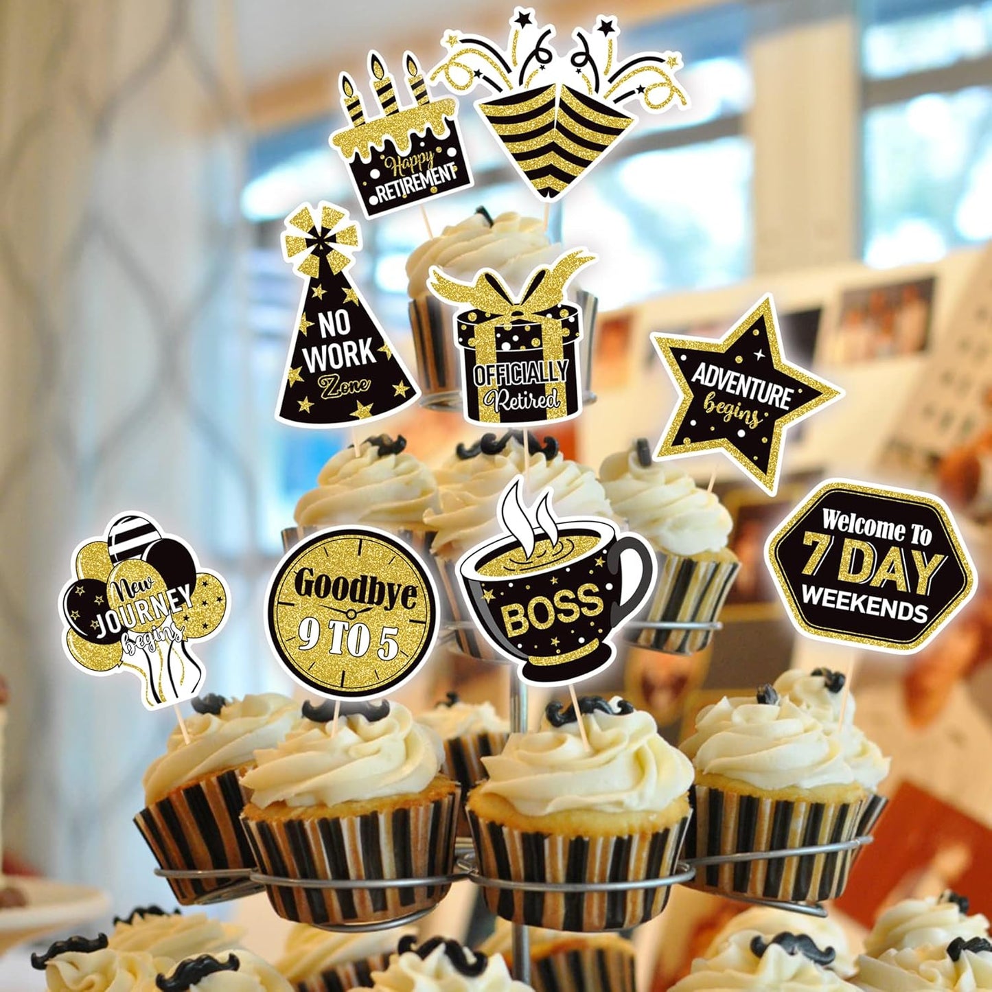 36 Pcs Happy Retirement Cupcake Toppers - NO DIY - Retired Cupcake Picks Retirement Theme Party Cake Decorations Gold Glitter