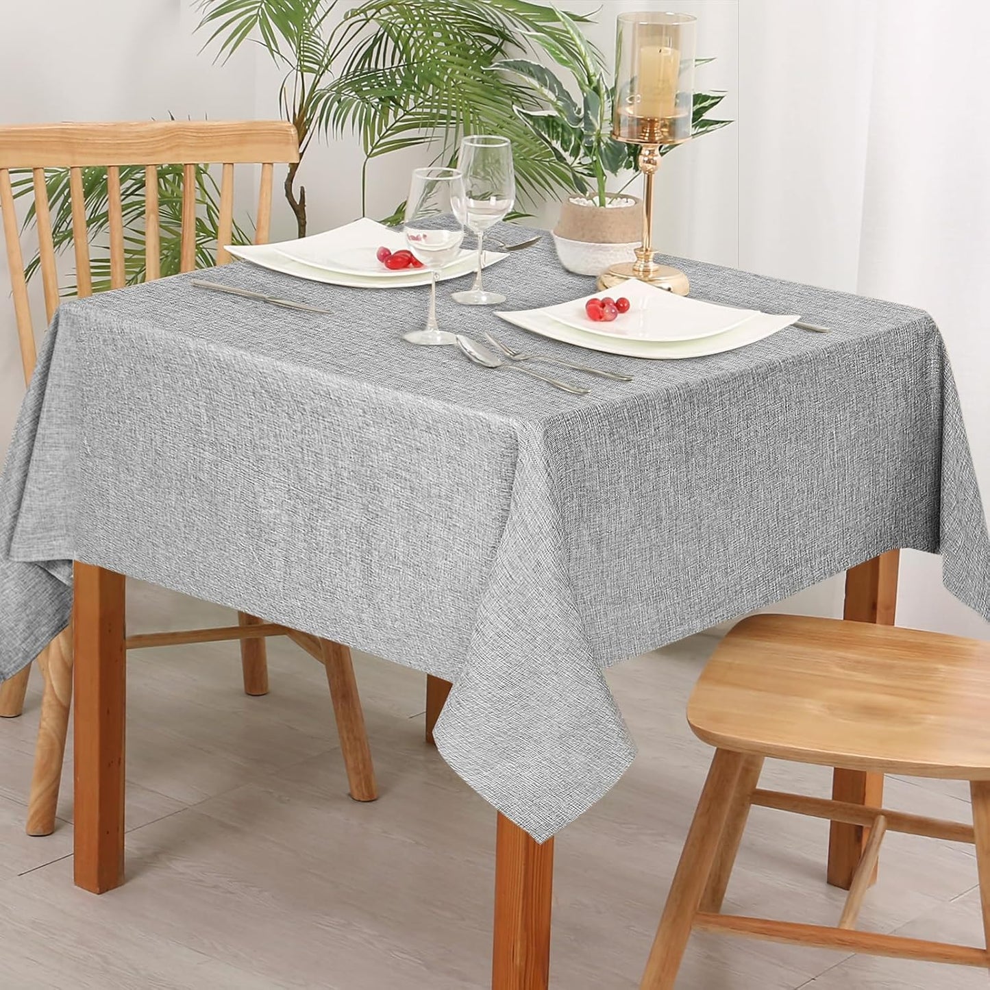 Hiasan 2 Pack Faux Linen Square Tablecloth - Wrinkle and Stain Resistant Washable Table Cloth for Kitchen Dining Room Holiday Table Cover for Party Dinner, Light Grey, 60 x 60 Inch