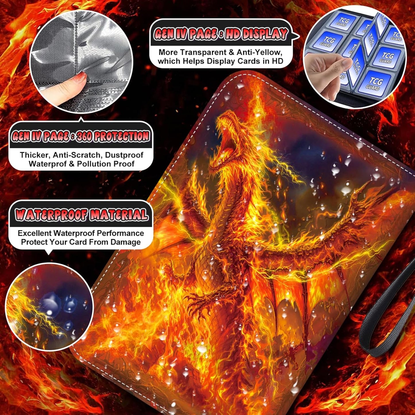 1008 Card Binder 9 Pocket, 3-Ring Trading Card Binder with 56 Page Removable Sleeves, High Storage Waterproof Trading Card Holder Collection Card Album Carrying Organizer Case for MTG TCG Cards -Fire