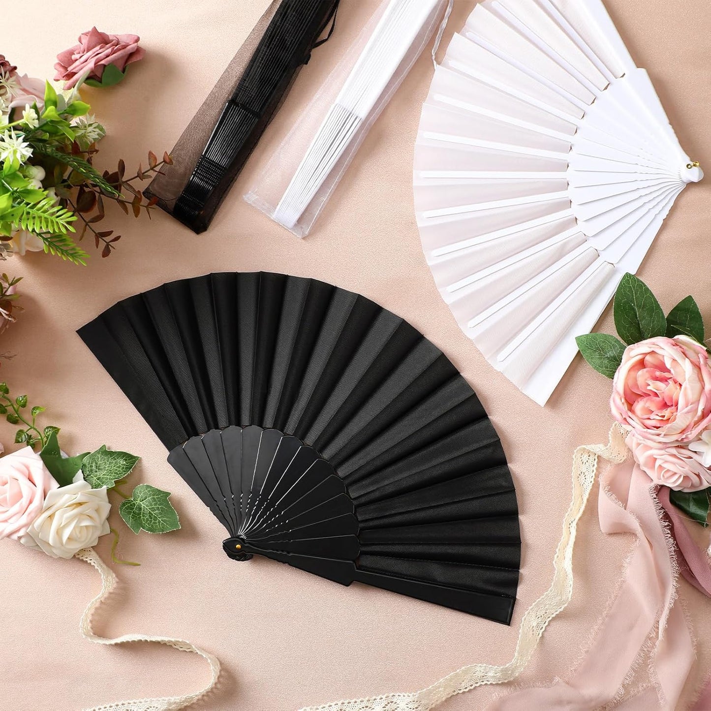 Wenqik 80 Pcs Wedding Folding Hand Fans Bulk Silk Fabric Chinese Handheld Foldable Clack Fans with Plastic Ribs for Party, Wedding Gifts, Line Dancing, Home Decorative (Black,White)