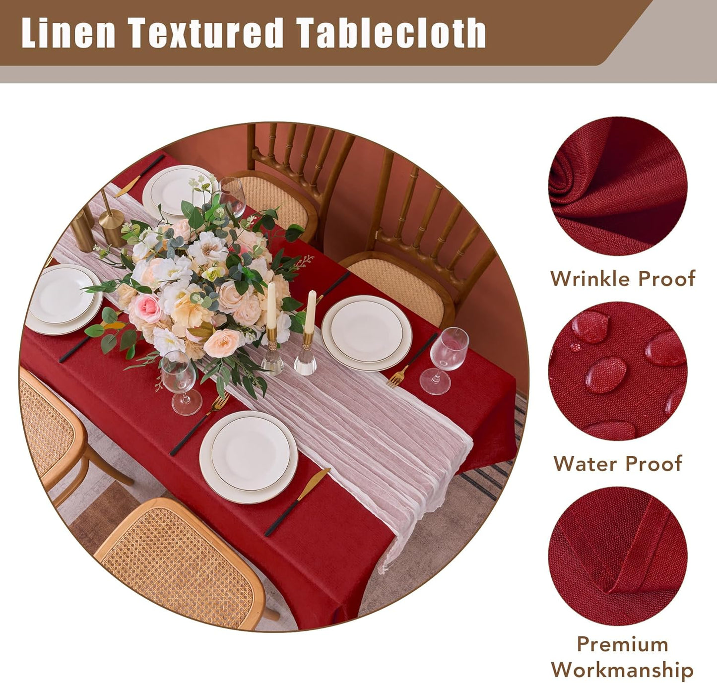 Fitable 2 Pack Faux Linen Christmas Tablecloths, Burlap Textured Fabric Table Clothes Rectangle, Rustic Decorative Table Covers for Winter Holiday Dinner Party Farmhouse (Red, 60 x 120 Inch)