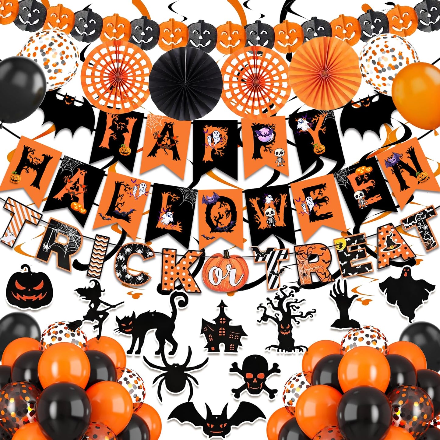 Happy Halloween Trick or Treat Banner Paper Fan Balloons & Swirl Streamers Goul Bat Cat Bird Ghost