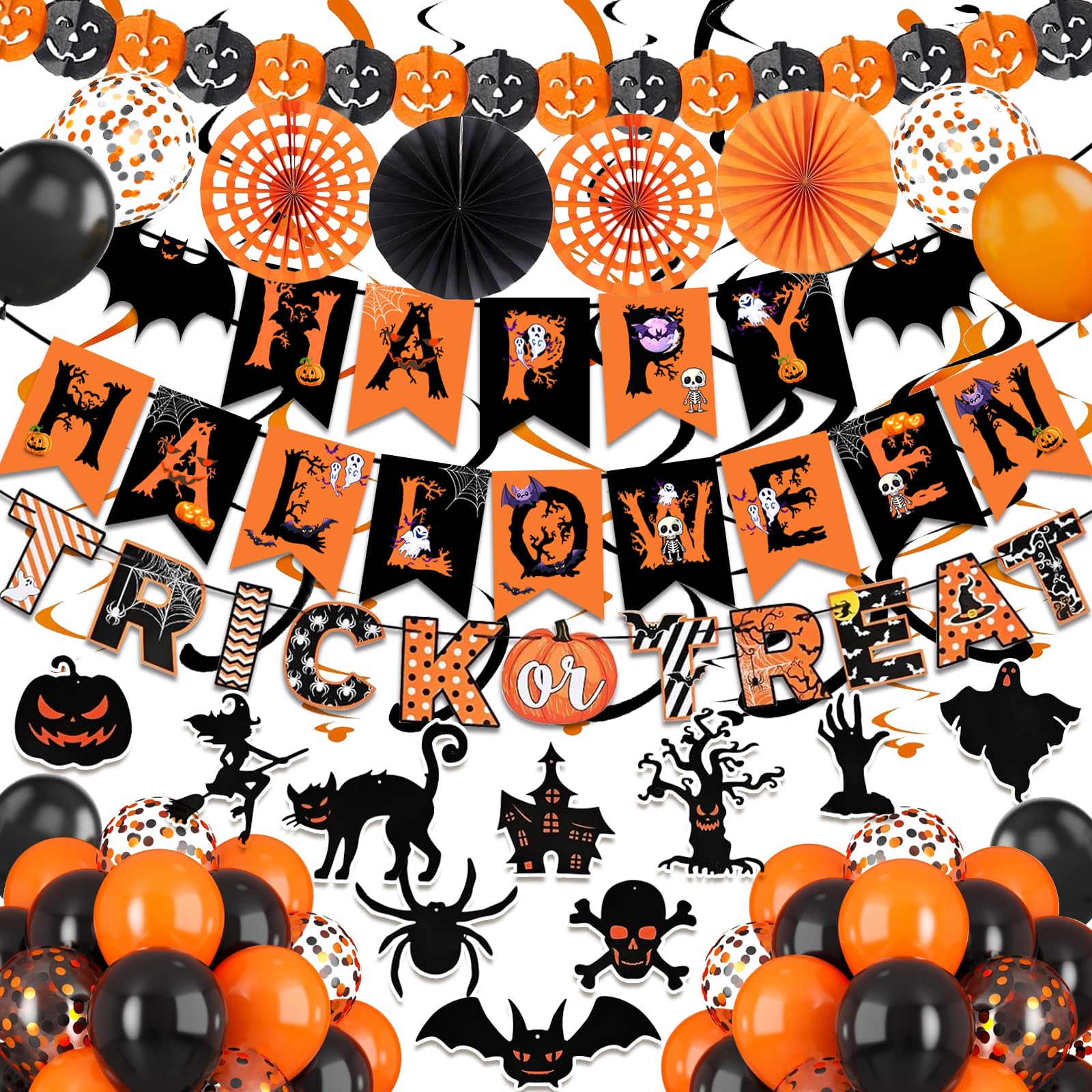 Happy Halloween Trick or Treat Banner Paper Fan Balloons & Swirl Streamers Goul Bat Cat Bird Ghost