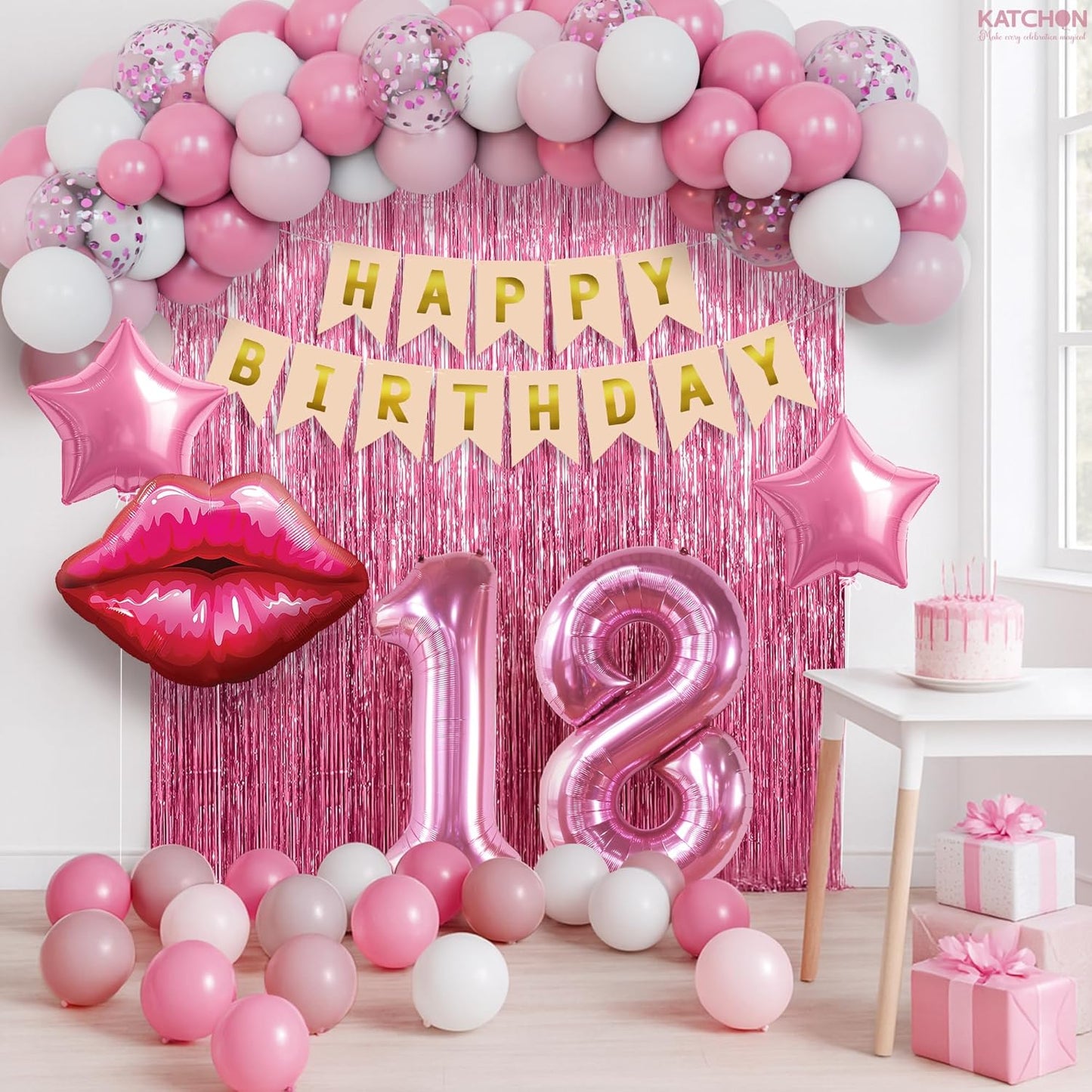 KatchOn, Pink 18th Birthday Decorations with Lip & Star Balloons – Pack of 42 | Happy Birthday Banner & Lip Decor | 18th Happy Birthday Decorations for Women, Girls & Her | Pink Party Decorations