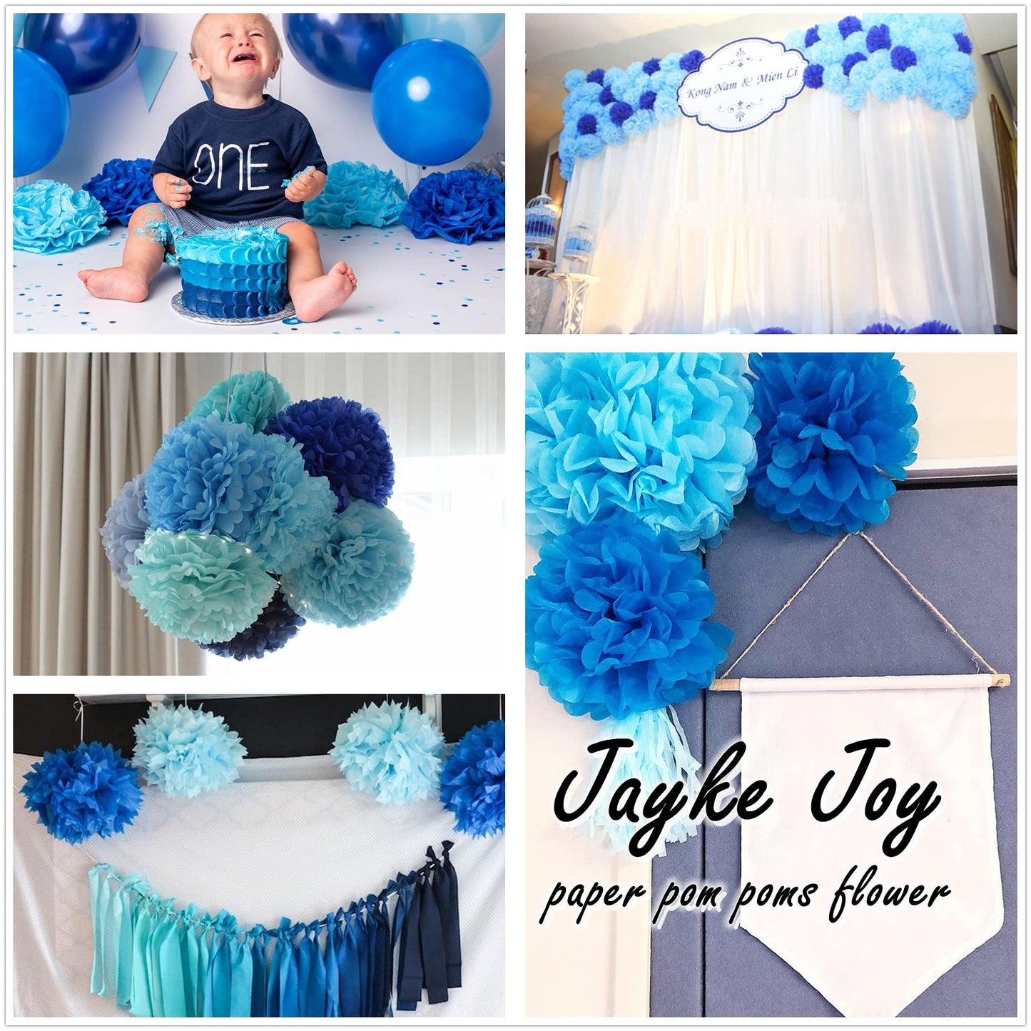 12pcs Blue Paper Pom Poms Set for Party Decor (Mixed Size 8/10/12 Inch)