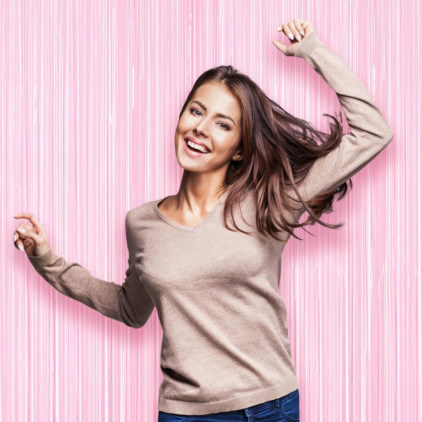 2 Pack Pastel Pink Tinsel Foil Fringe Curtains, Pink Party Decorations, Metallic Tinsel Party Streamers Backdrop for Birthday Baby Shower Graduation Wedding Gender Reveal Party Decorations