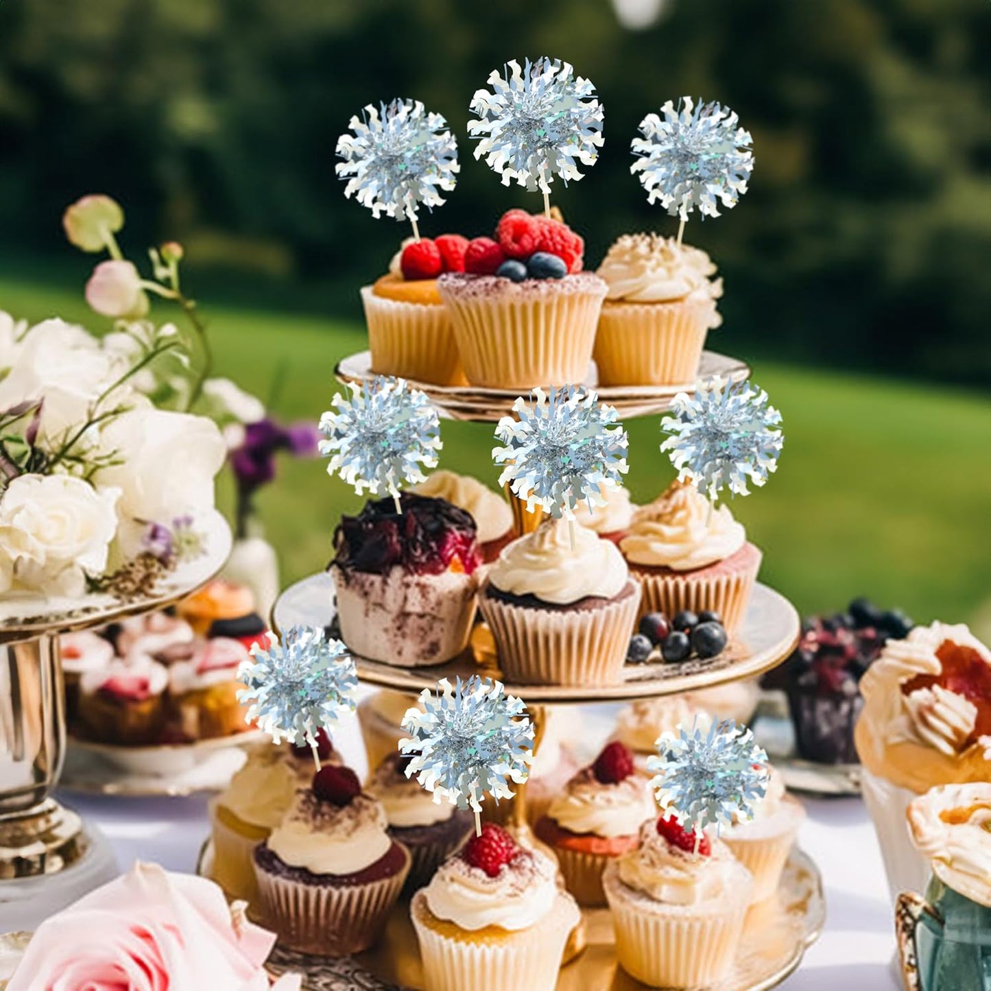 Ephlyn 30Pcs Foil Firework Cupcake Toppers Happy Birthday Cake Toppers Tinsel Flower Drink Stirrers Cocktail Food Fruit Toothpicks for Valentine's Day Party Decorations Silver