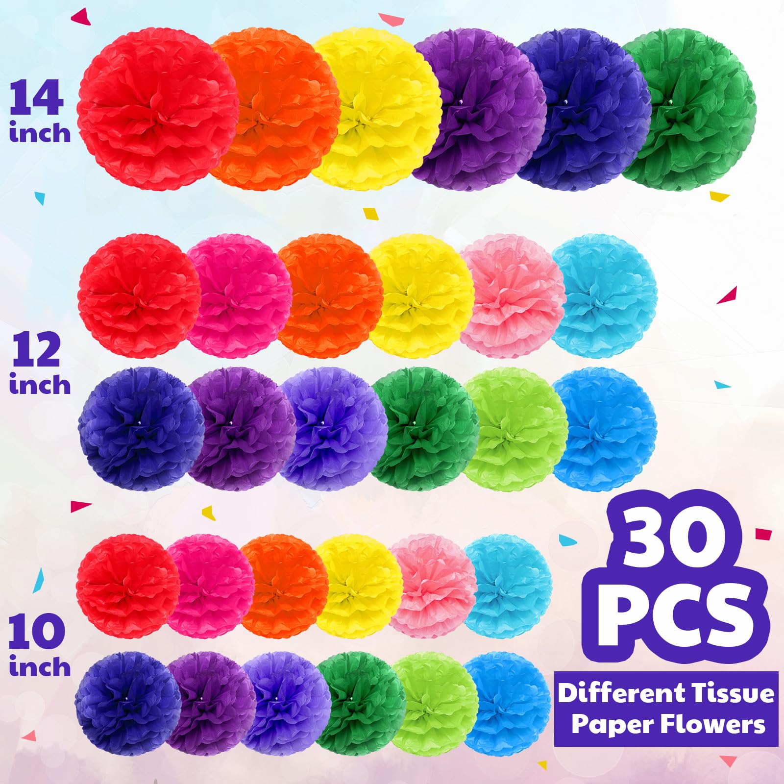 Yeaqee 30 Pcs Multicolor Large Tissue Paper Pom Poms Decorations 14''/ 12''/ 10'' Tissue Paper