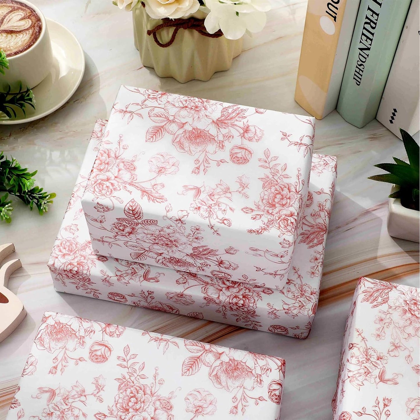 JarThenaAMCS 100 Sheets Floral Tissue Paper Rose Gold Flower Gift Wrapping Paper Vintage Decorative Art Paper for Home Party DIY Crafts Supplies, 14 x 20 Inch