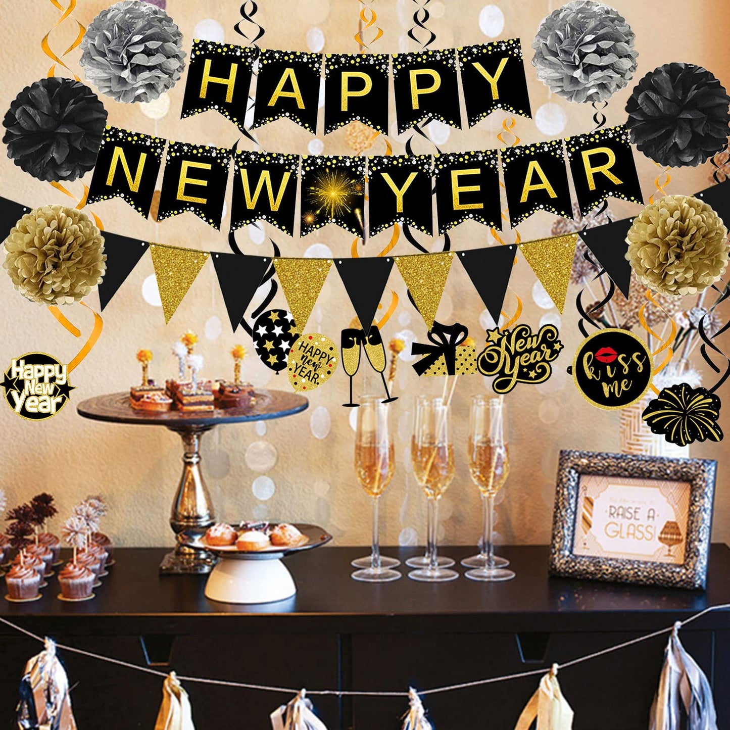 Famoby Happy New Year Banner Pom poms Triangle flag Swirls Garland Hanging Bunting for Happy New