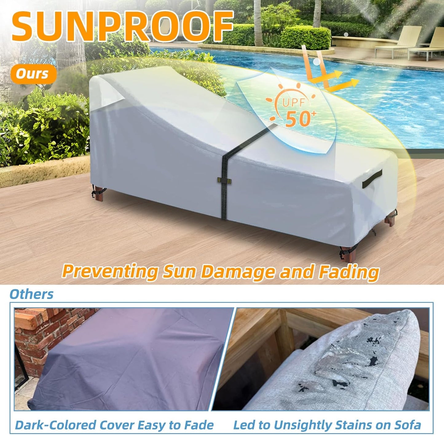 Patio Chaise Lounge Cover with Handles, Outdoor Lounge Chair Cover Waterproof UV Resistant, Patio Furniture Covers with Air Vent (84L x 32W x 32H) inch