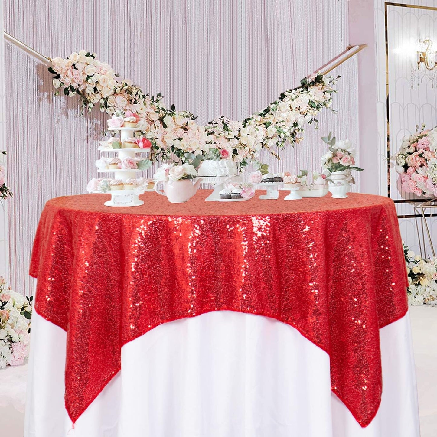 ShinyBeauty Red Tablecloths 36x36 Inch, 2 Packs Sequin Table Cloth for Parties Sparkle Table Cloths Square Shimmer Table Overlay Small Tablecloth Linen for Wedding, Birthday, Christmas Tables Decor
