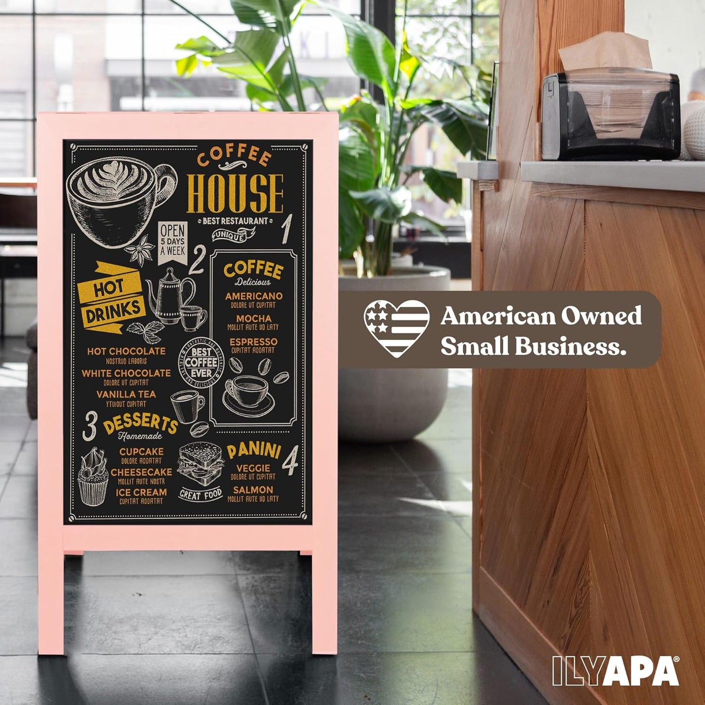 Ilyapa Wooden A-Frame Sign with Eraser & Chalk - 40 x 20 Inches Magnetic Sidewalk Chalkboard – Pink Menu Display for Restaurant, Business Or Wedding