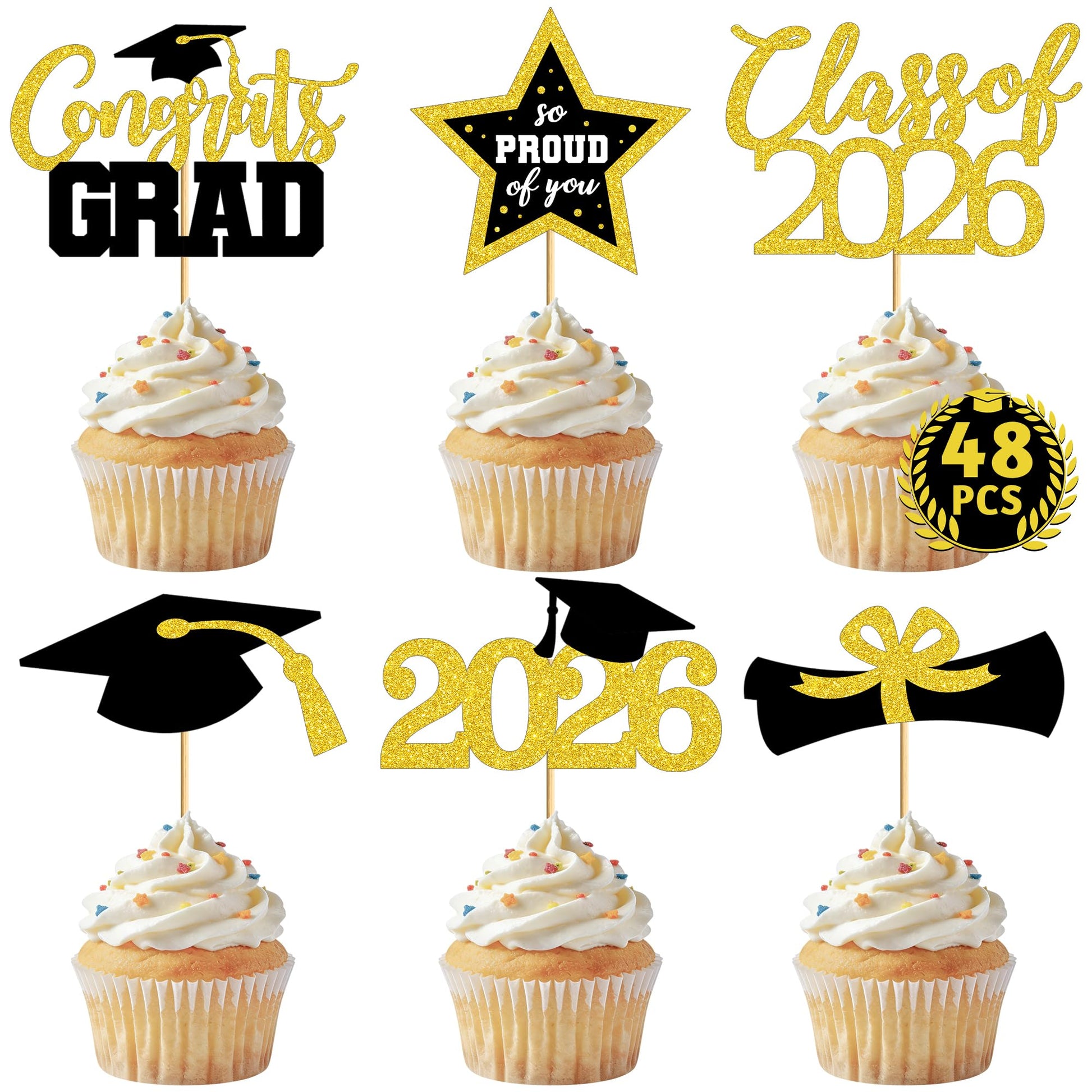 48 PCS Graduation Cupcake Toppers, 6 Styles Congrats Grad Cake Topper, Black and Gold Graduation