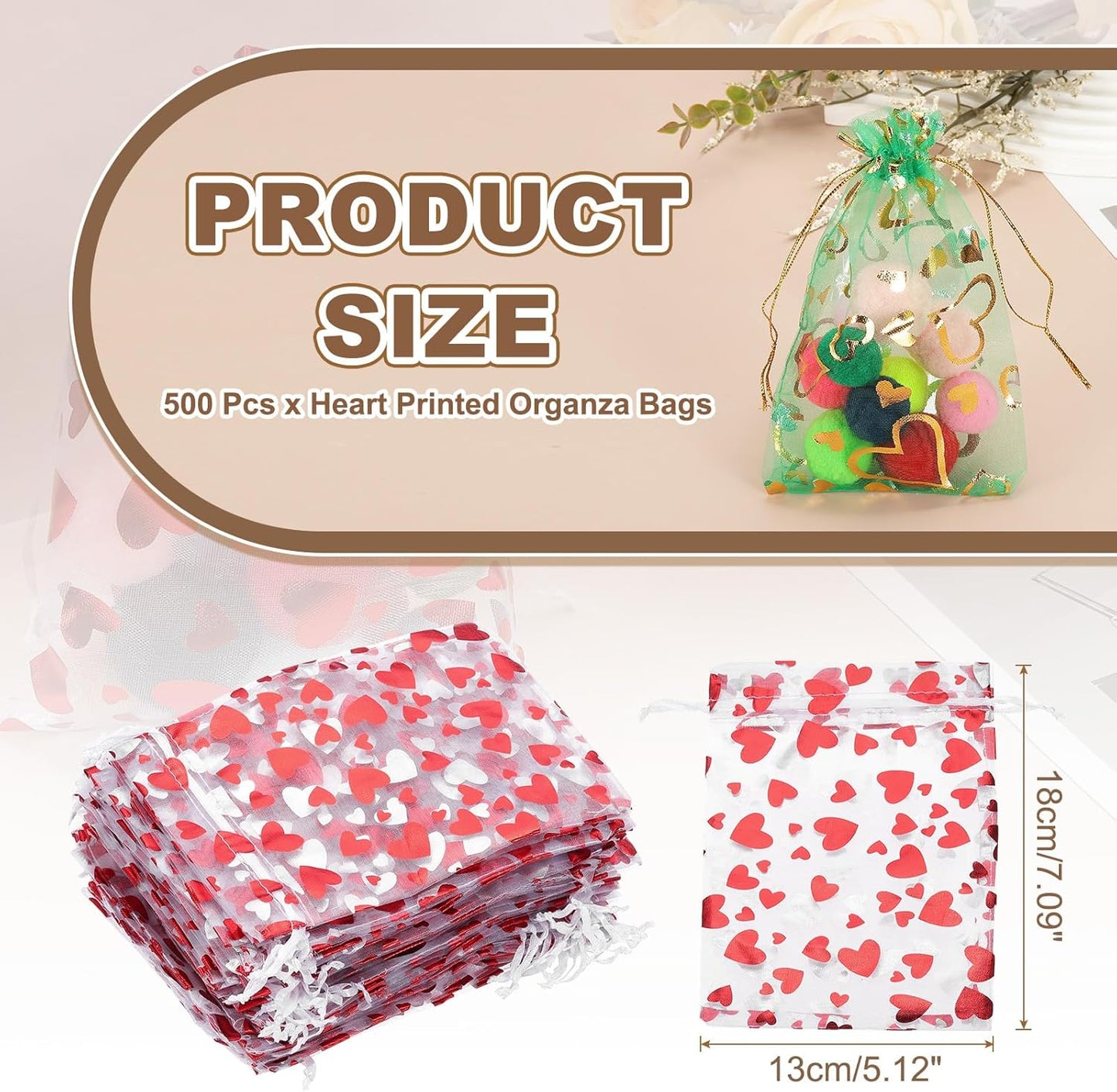 PATIKIL 50 Pcs 5x7 Inch Heart Printed Organza Bags, Red Sheer Heart Organza Bags with Drawstring for Festival Candy Jewelry Party Wedding Favor Gift