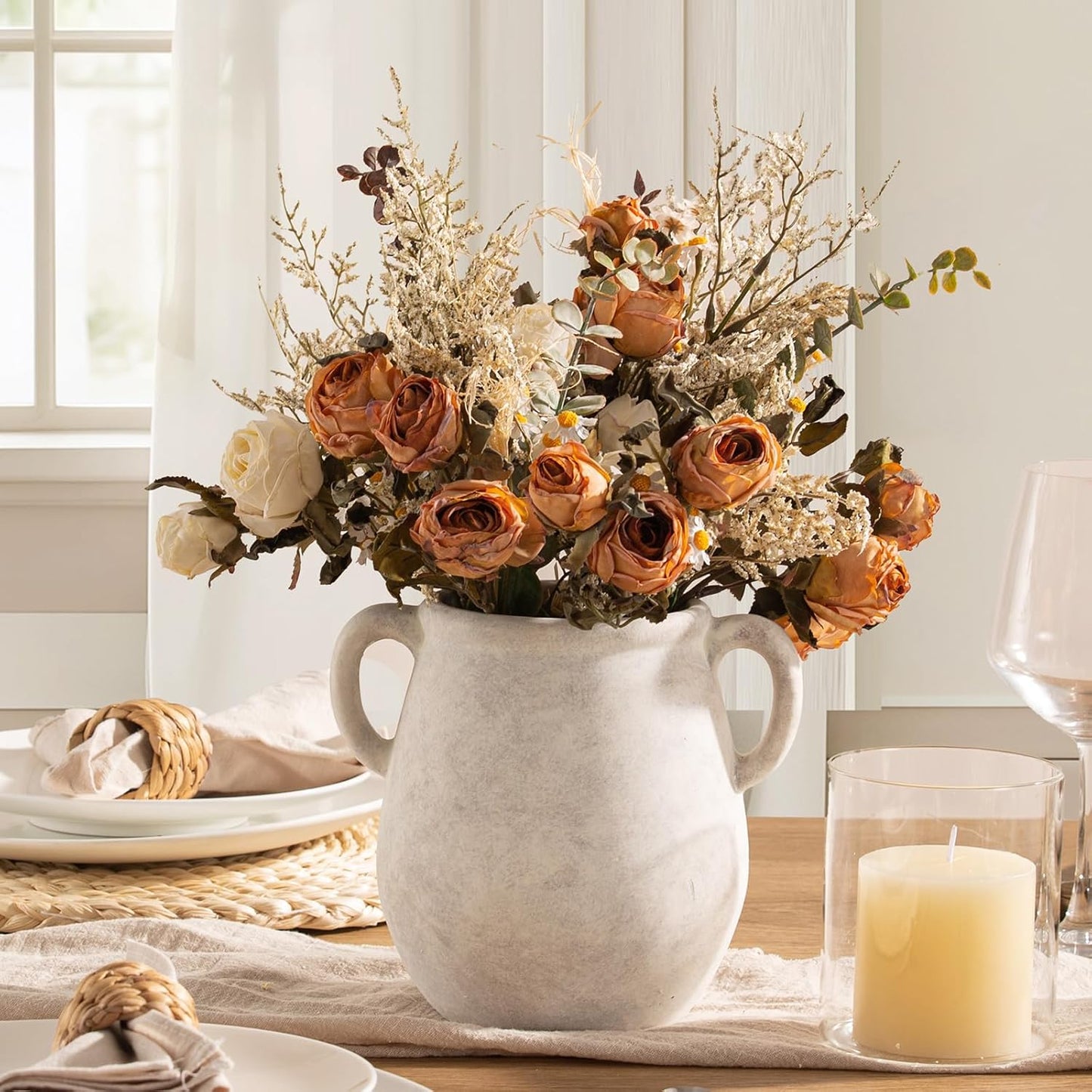 Ceramic Flower Vase Home Decor - 7.1 Inch White Rustic Table Flowers Vases Living Room Bedroom Plant Decoration Modern Farmhouse Vintage for Kitchen Shelf Office Coffee Dining Desk House Women