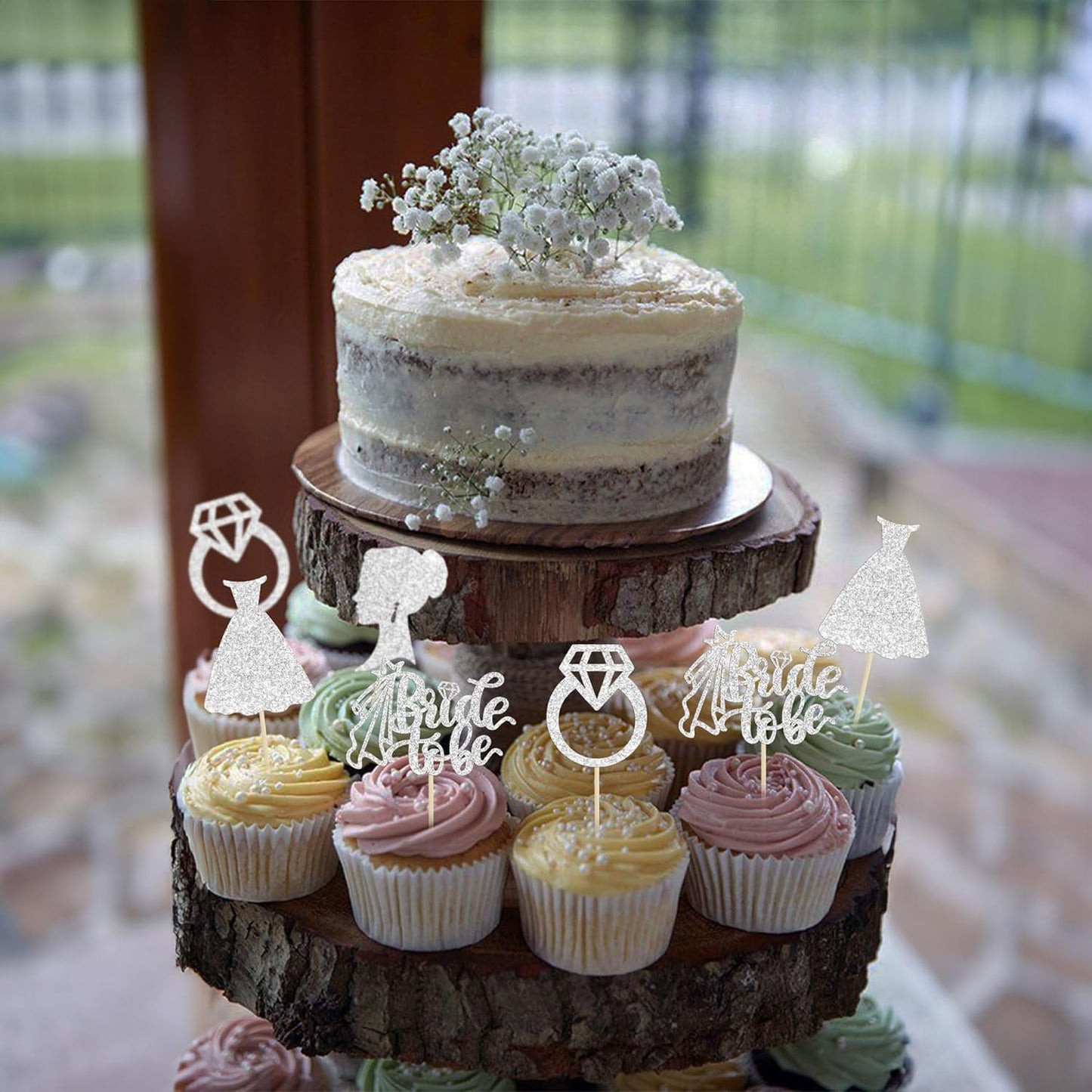 Gyufise 24 Pack Bride to Be Cupcake Toppers with Heart Ring Dress Glitter Bridal Shower Cupcake Picks Decorations for Wedding Engagement Bachelorette Party Cake Decorations Supplies Silver