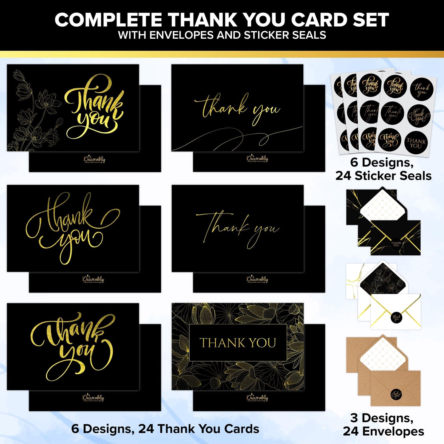 Decorably 24 Pack Gold Foil 6x4in Black Thank You Cards with Envelopes