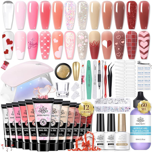 BORN PRETTY Poly Extension Gel Kit-12 Colors Extension Nail Gel Kit Nude Clear Jelly Pink All-In-1 Kit Builder Glue with Nail Lamp Base Top Coat Set Nail Forms French Manicure Ideal Gifts